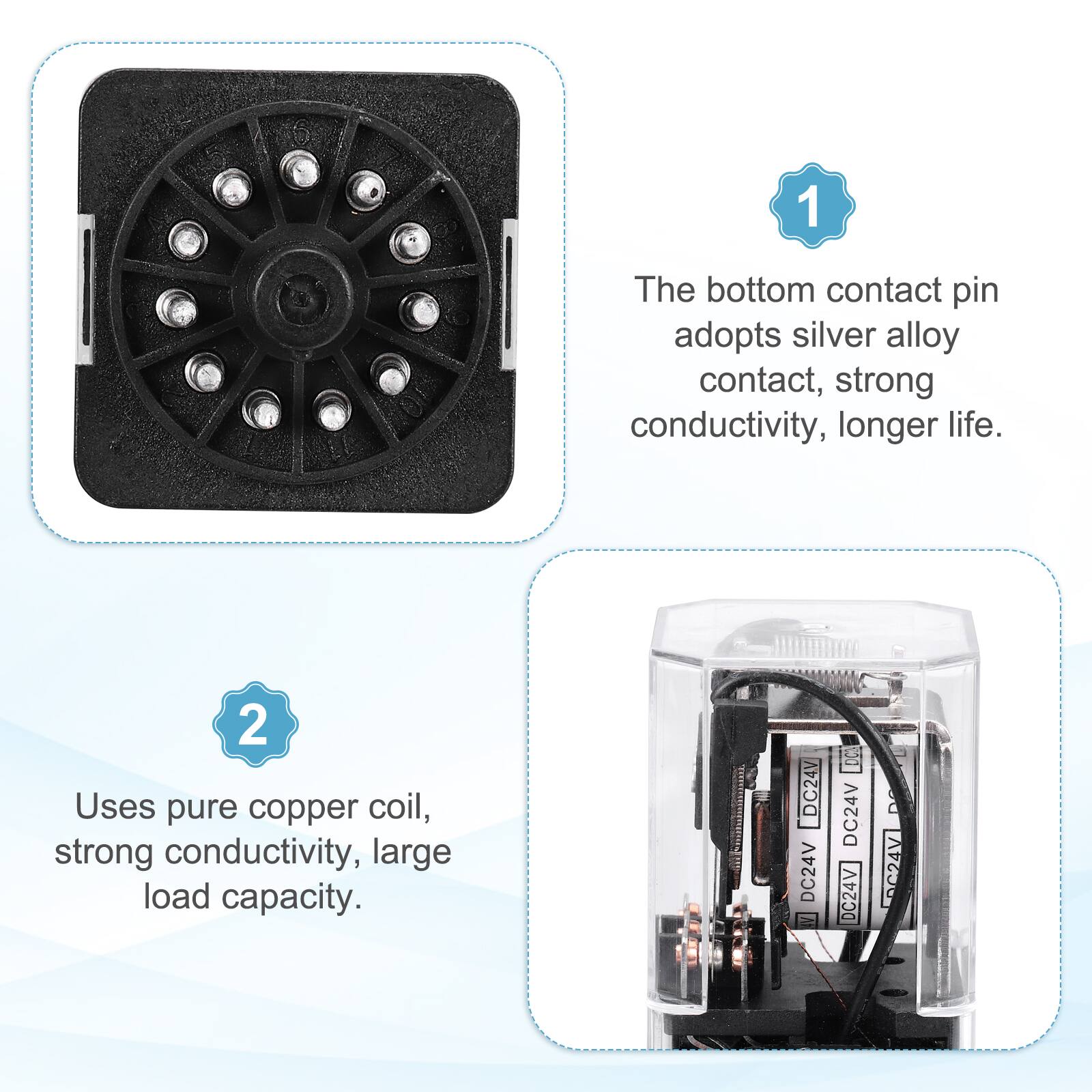 1. The bottom contact pin adopts silver alloy contact, strong conductivity, longer life.
2. Uses pure copper coil, strong conductivity, large load capacity.