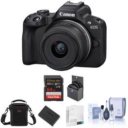 Bundle - Canon - EOS R50 Mirrorless Camera, Black with RF-S 18-45mm f/4.5-6.3 IS STM Lens, Extra Battery, 64GB SD Card, Shoulder