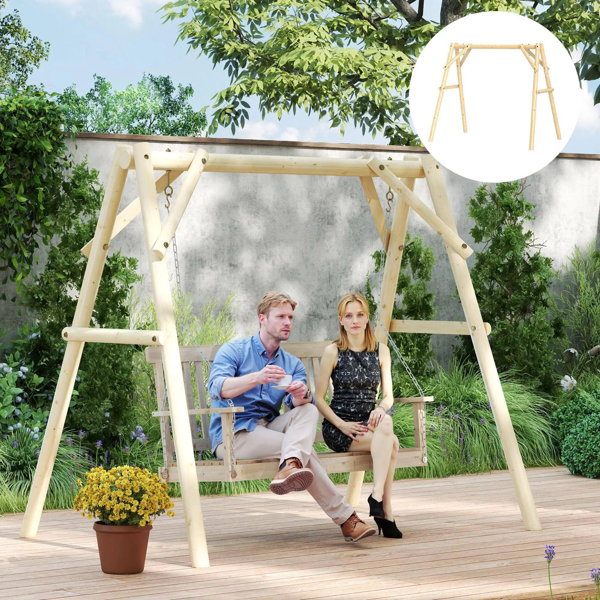 Alt View 7. Resenkos - Resenkos 3-Seat Wooden Swing Stand, Patio Swing With Tables, Outdoor Swing for Garden, Pool, Yard, Natural Wood.