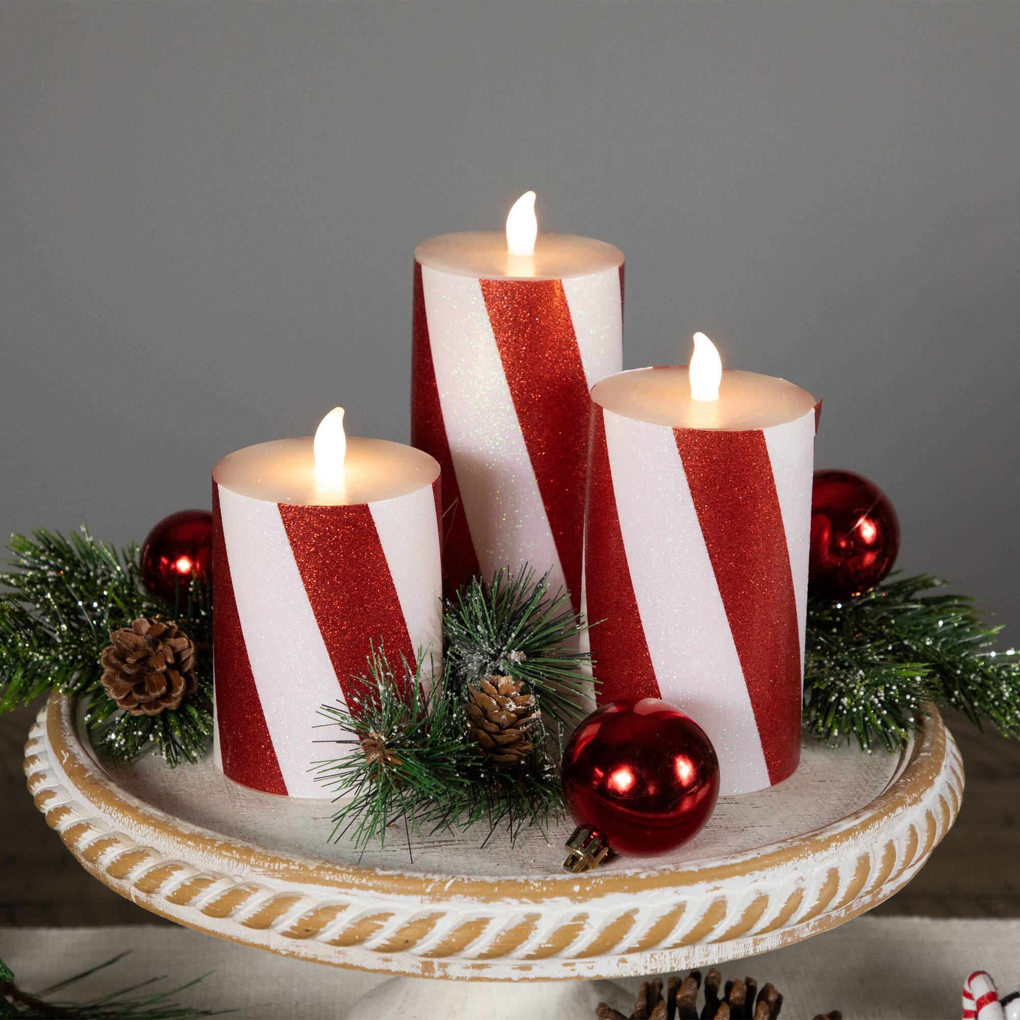 Alt View 2. Northlight - LED Flameless Flickering Candy Cane Wax Pillar Christmas Candles - 6" - Set of 3 - Red.