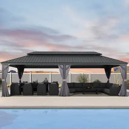 Front. PURPLE LEAF - 14 X 28 FT Permanent Hardtop Aluminum Gazebo with Double Roof for Patio Lawn and Garden, Curtains and Netting Included - 14' X 28'.