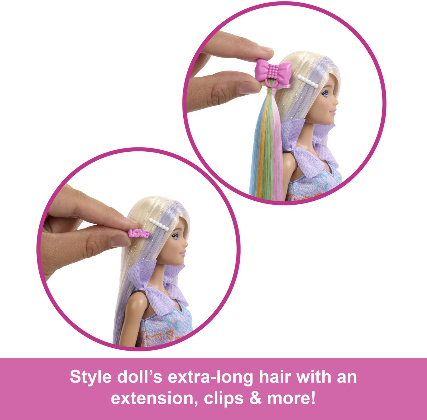 Style doll's extra-long hair with an extension, clips & more!
