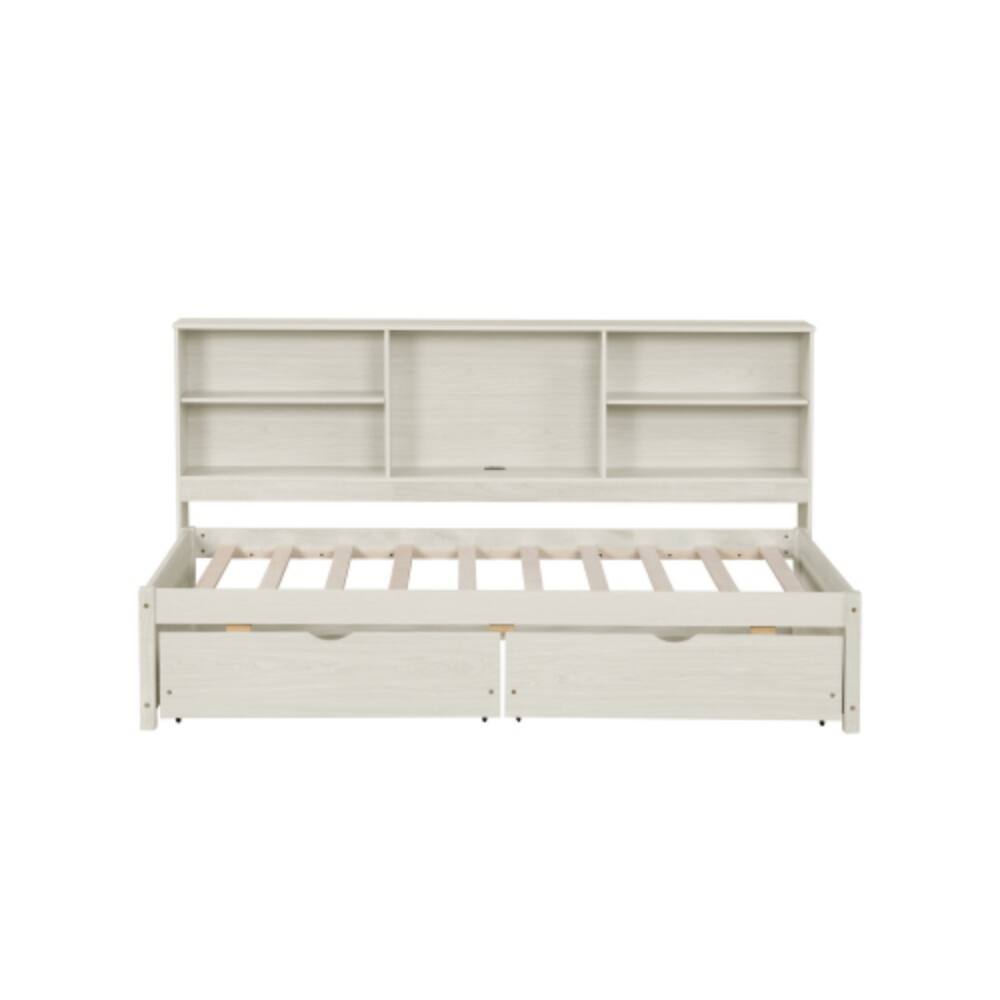 Alt View 2. LUCKY ONE - Twin Size Bed Frame with Side Bookshelves, 2 Drawers, Built-in USB and Type-C Ports, No Box Spring Needed - Creamy White.
