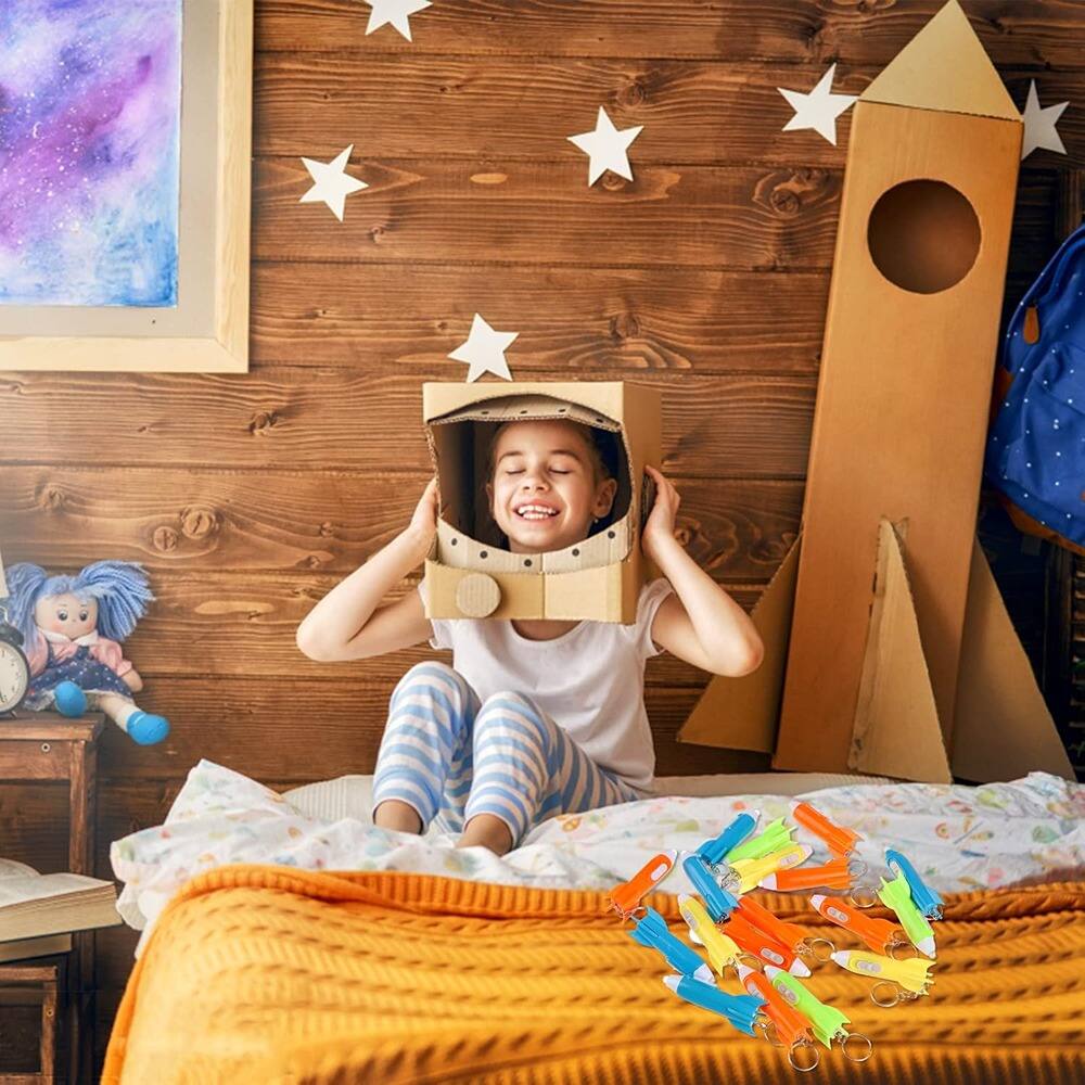 Back. ACJPR - 48-Pack Mini LED Keychain Flashlights – Helicopter & Rocket Designs, Colorful LEDs.