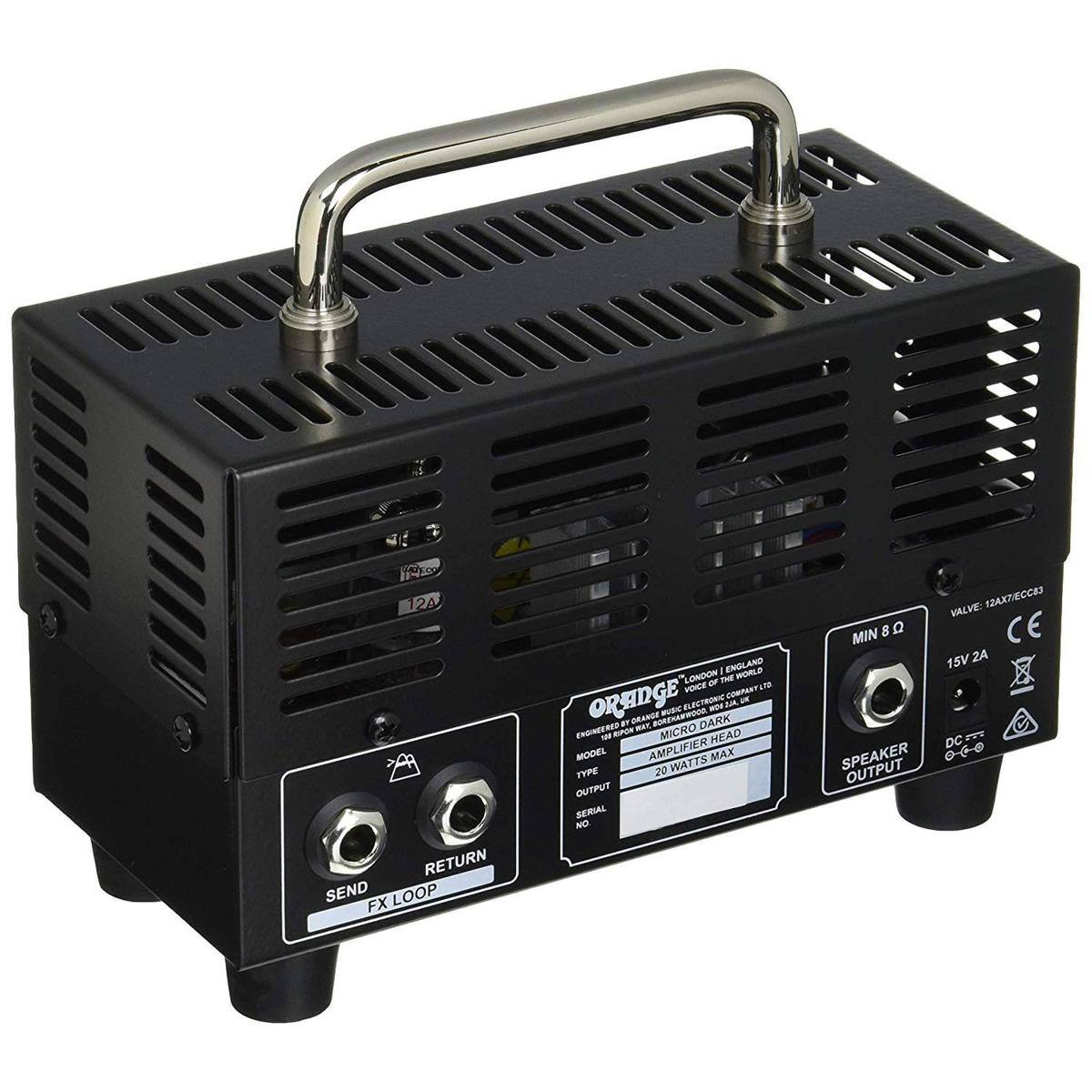 N 12A RETURN SEND FXLOOP FX i ENGLAND WORLD CONDON OF - VOICE CT OREDGE FLEERORI can - ns - P SMRARD DARK ENDNEERE -A -. MICRO - HEAD MODEL AMPLIFIER MAX TYPE 20 WATTS OUTPUT SERIAL NO VALVE F2A7ES 8 a MIN 15V ZA DC SPEAKER 000 OUTPUT

ORANGE
LONDON | ENGLAND
ENGINEERED BY ORANGE MUSIC VOICE ELECTRONICS WORLDWIDE LIMITED
MICRO DARK
AMPLIFIER HEAD
TYPE
20 WATTS MAX
OUTPUT
SERIAL NO.
SPEAKER OUTPUT
MIN 8 Ω
15V 2A DC
CE
12A

SEND RETURN
FX LOOP