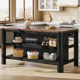 Tribesigns - 63" Solid Wood Kitchen Island with Storage Shelves, Black - Black and Brown