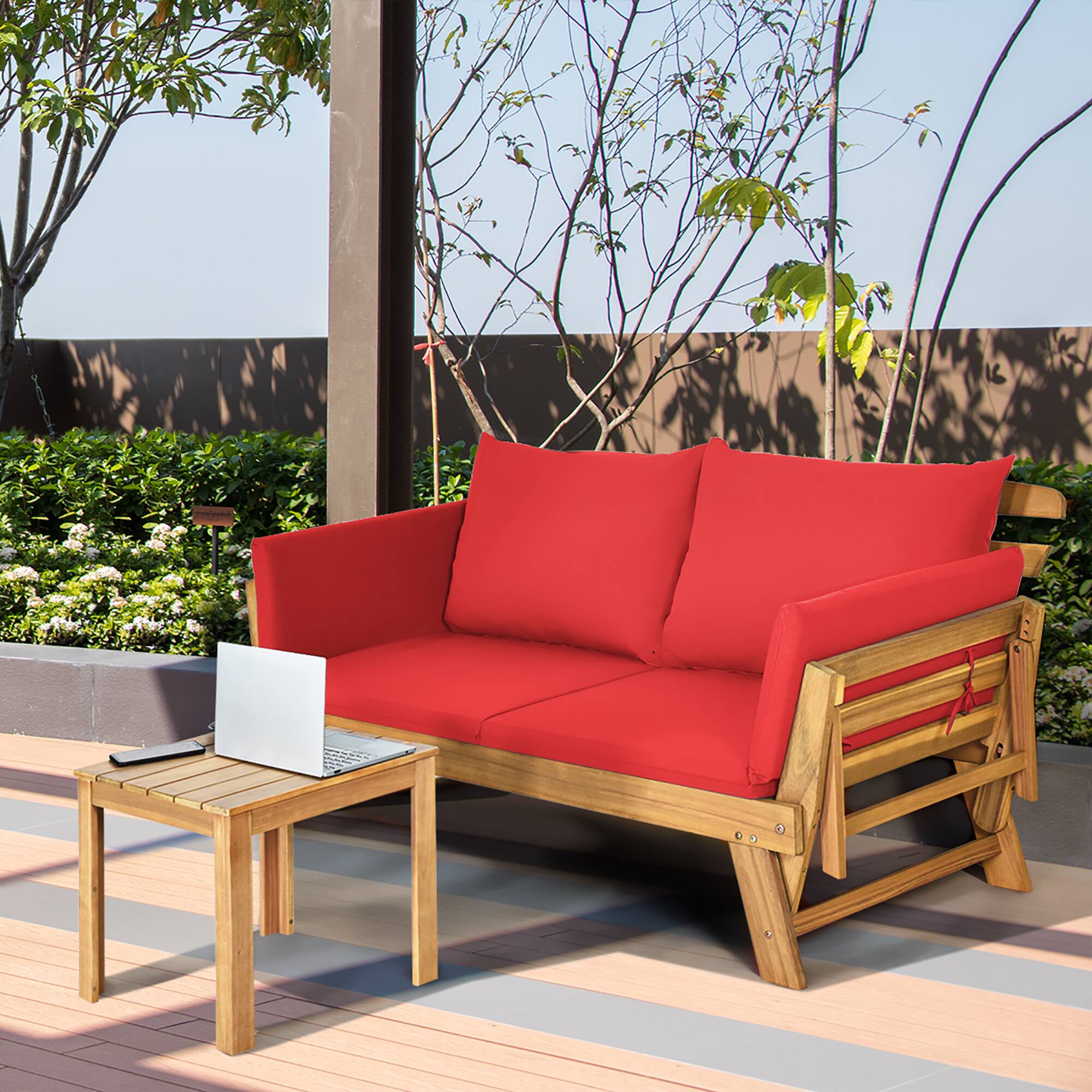 Alt View 4. Costway - Costway Patio Convertible Sofa Daybed Solid Wood Adjustable Furniture Thick Cushion - Red.