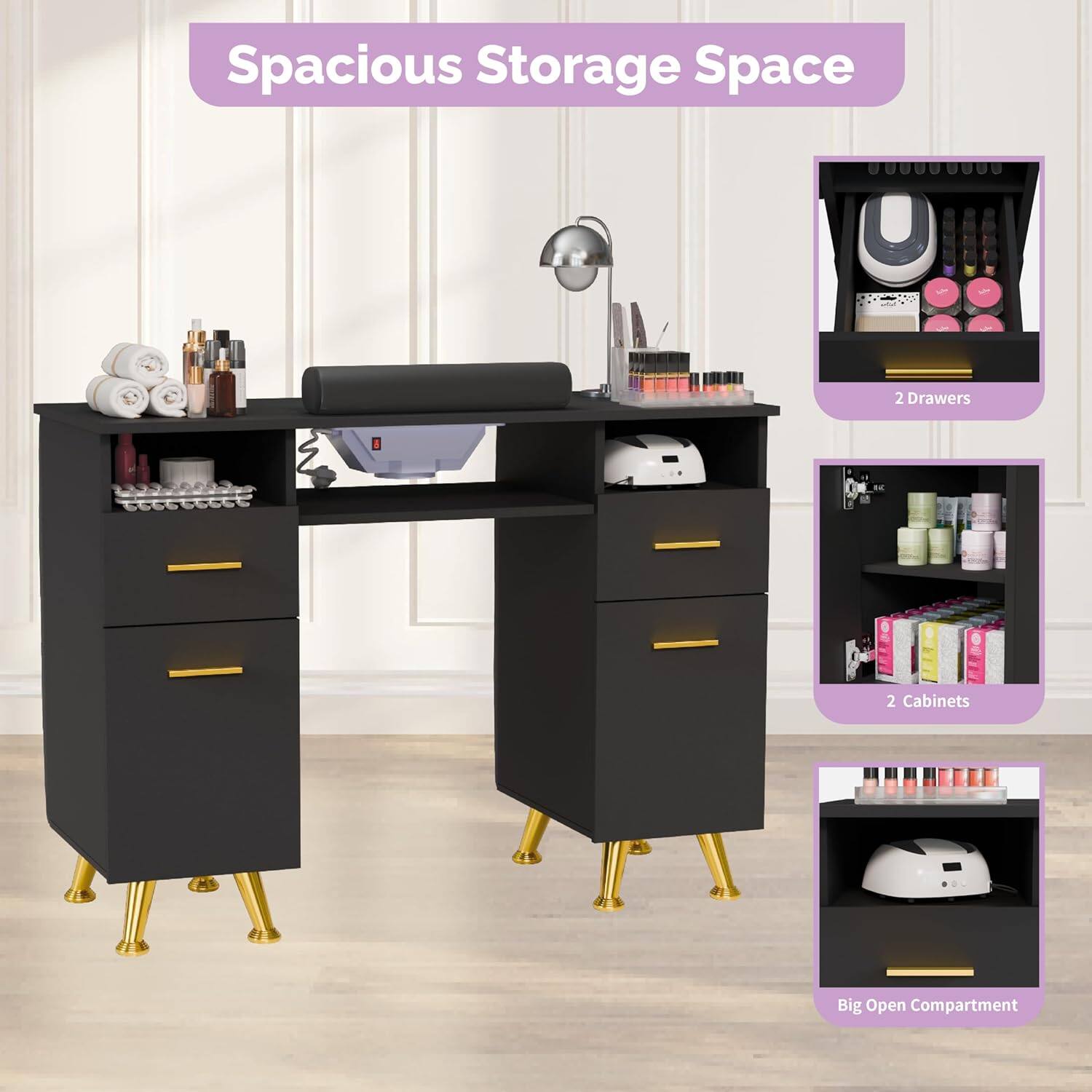 Spacious Storage Space

- 2 Drawers
- 2 Cabinets
- Big Open Compartment