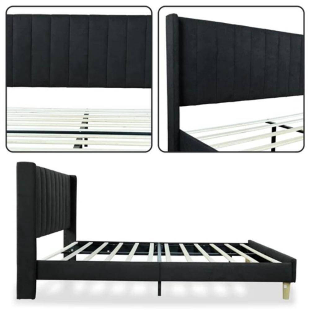 Angle. Hivvago - Full size Mid-Century Black Linen Platform Bed Frame with Upholstered Headboard - Black.