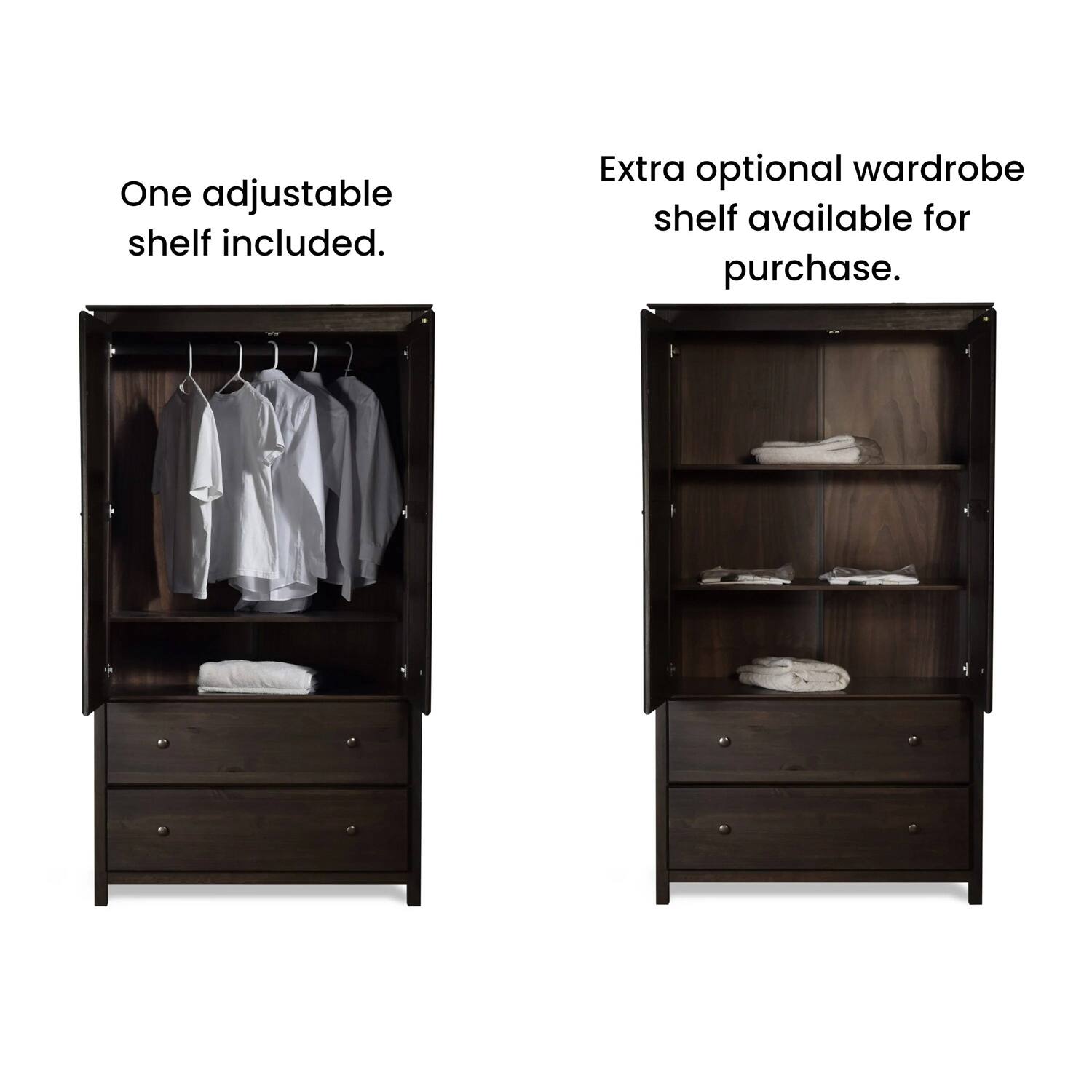 One adjustable shelf included.

Extra optional wardrobe shelf available for purchase.