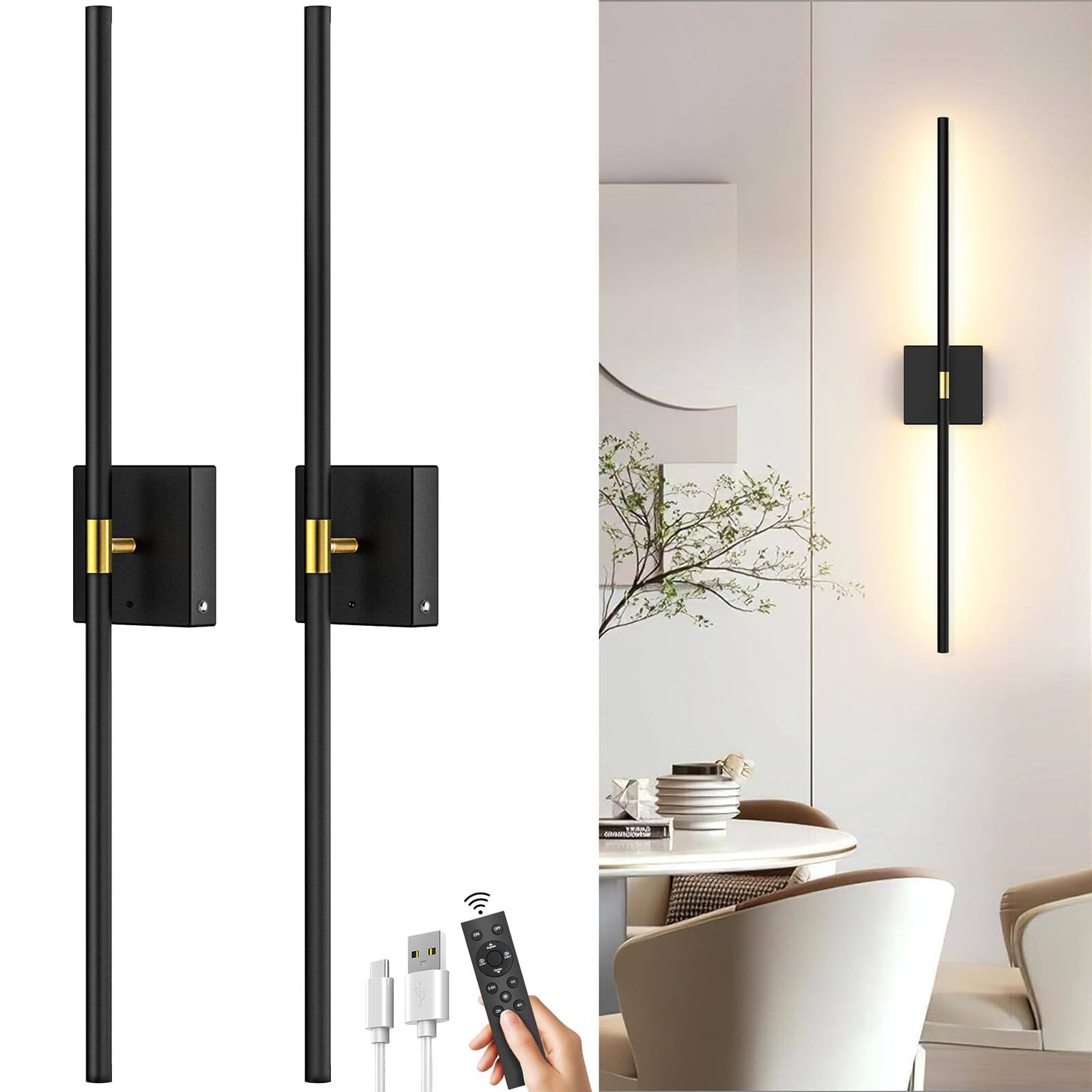 HM 1810 - Operated Wall Sconce Set Of Rechargeable Lights Wireless Sconces With Touch And Remote Rotate Magnetic Scon - Black Set of 2 Wall Sconces
