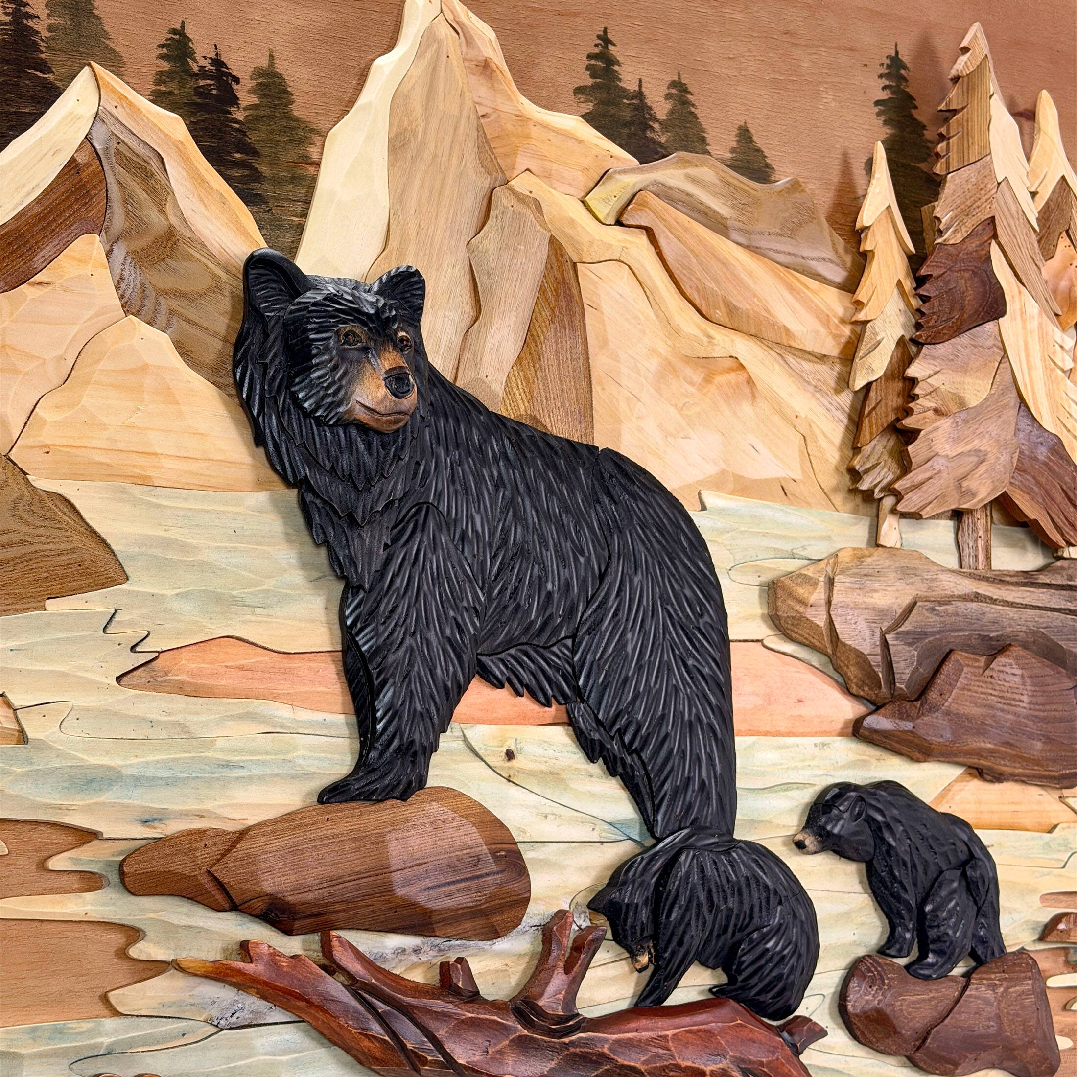 Alt View 8. Zeckos - Bear Family River 25.5x34 Intarsia Wood Wall Sculpture Rustic Cabin Art - Brown.