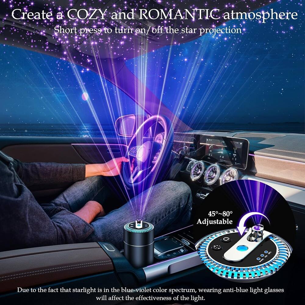 Create a COZY and ROMANTIC atmosphere  
Short press to turn on/off the star projection  

45°~80° Adjustable  

Due to the fact that starlight is in the blue-violet color spectrum, wearing anti-blue light glasses will affect the effectiveness of the light.