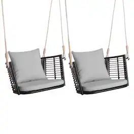 Costway - 2 PCS Patio Hanging Rattan Basket Chair Swing Hammock Chair with Seat Cushion - Mix Brown,Grey
