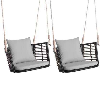 Front. Costway - Costway 2 PCS Patio Hanging Rattan Basket Chair Swing Hammock Chair with Seat Cushion - Mix Brown,Grey.