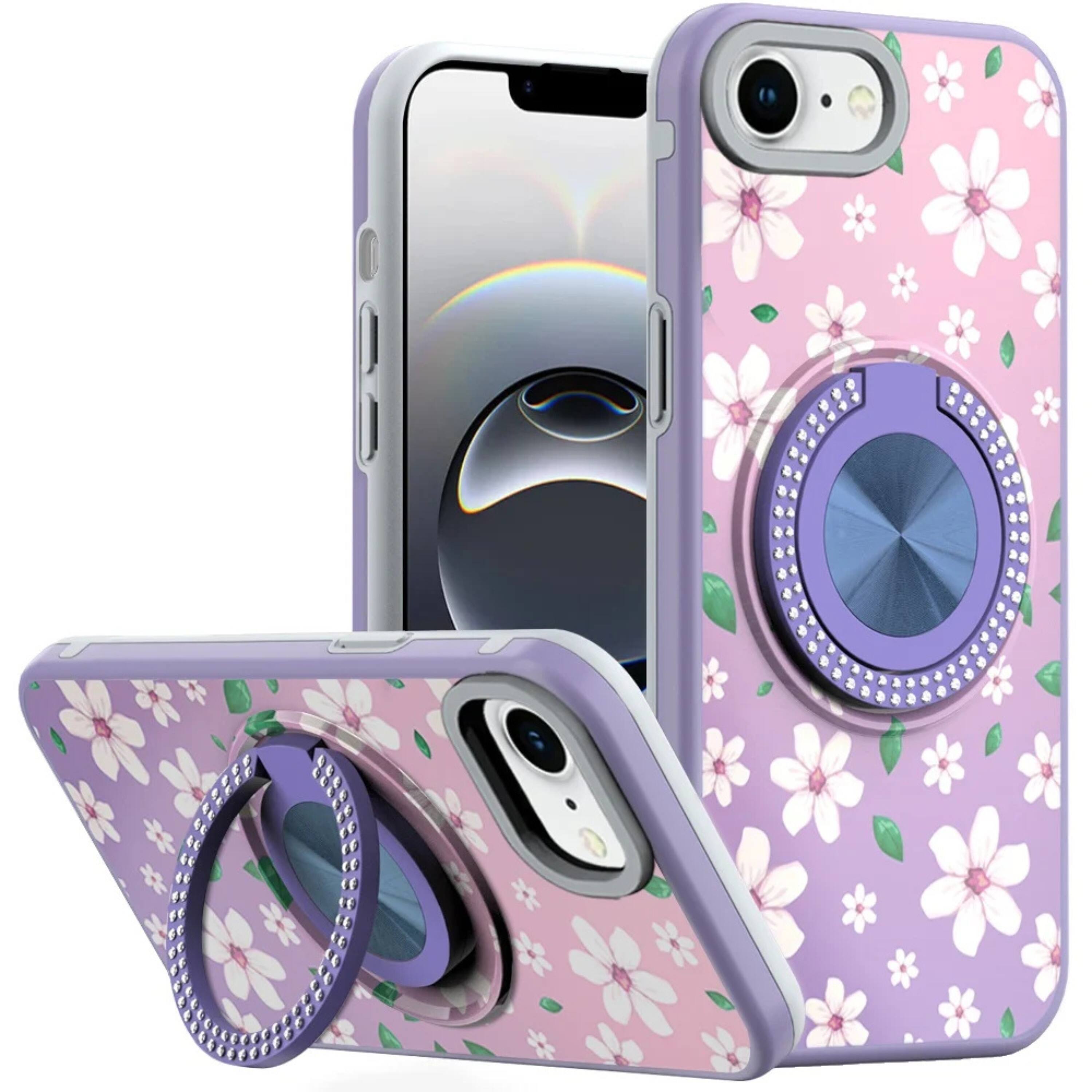 Front. Kitcheniva - Printed Bling 360 Rotating Ring Stand Phone Case With Tempered Glass For iPhone 16e 17e Floral Purple - Purple.