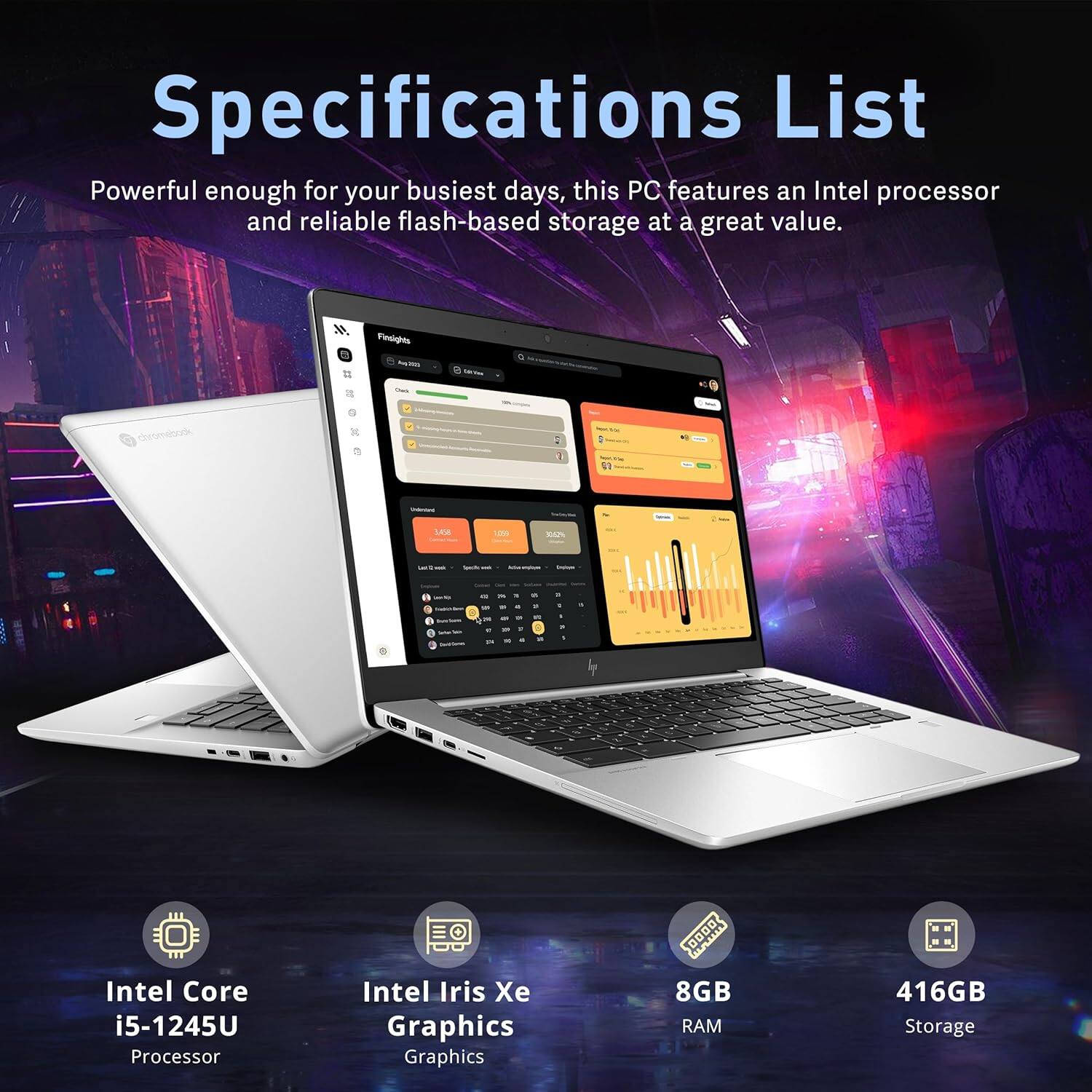 Specifications List

Powerful enough for your busiest days, this PC features an Intel processor and reliable flash-based storage at a great value.

- Intel Core i5-1245U Processor
- Intel Iris Xe Graphics
- 8GB RAM
- 416GB Storage