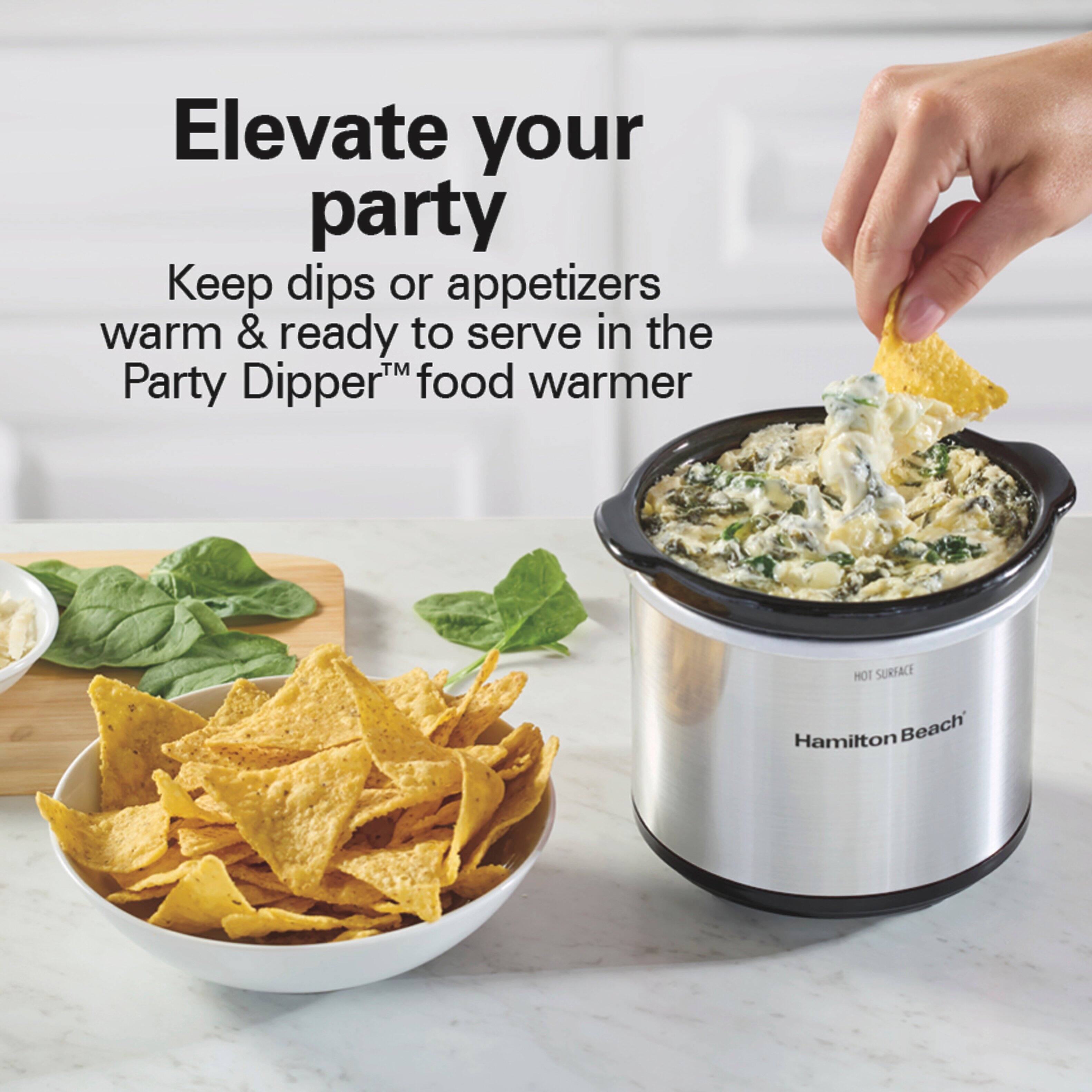 Elevate your party  
Keep dips or appetizers warm & ready to serve in the TM Party Dipper™ food warmer  
HOT SURFACE  
Hamilton Beach