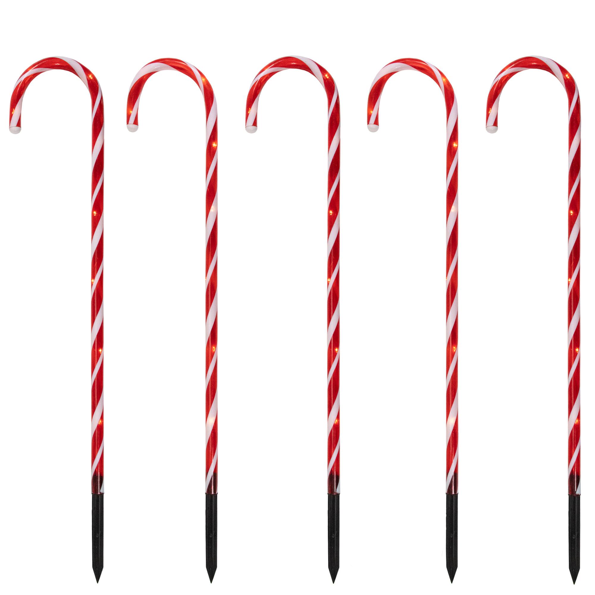 Front. Northlight - Set of 5 Red Lighted Candy Cane Christmas Lawn Stakes 28" - Battery Operated - Red.