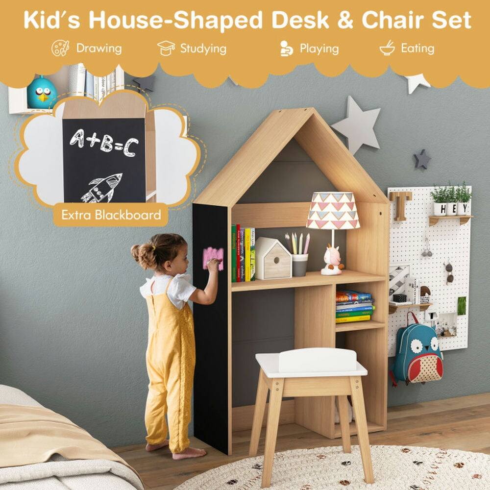Kid's House-Shaped Desk & Chair Set  
Drawing Studying Playing Eating  
A+B=C  
Extra Blackboard  
HEY
