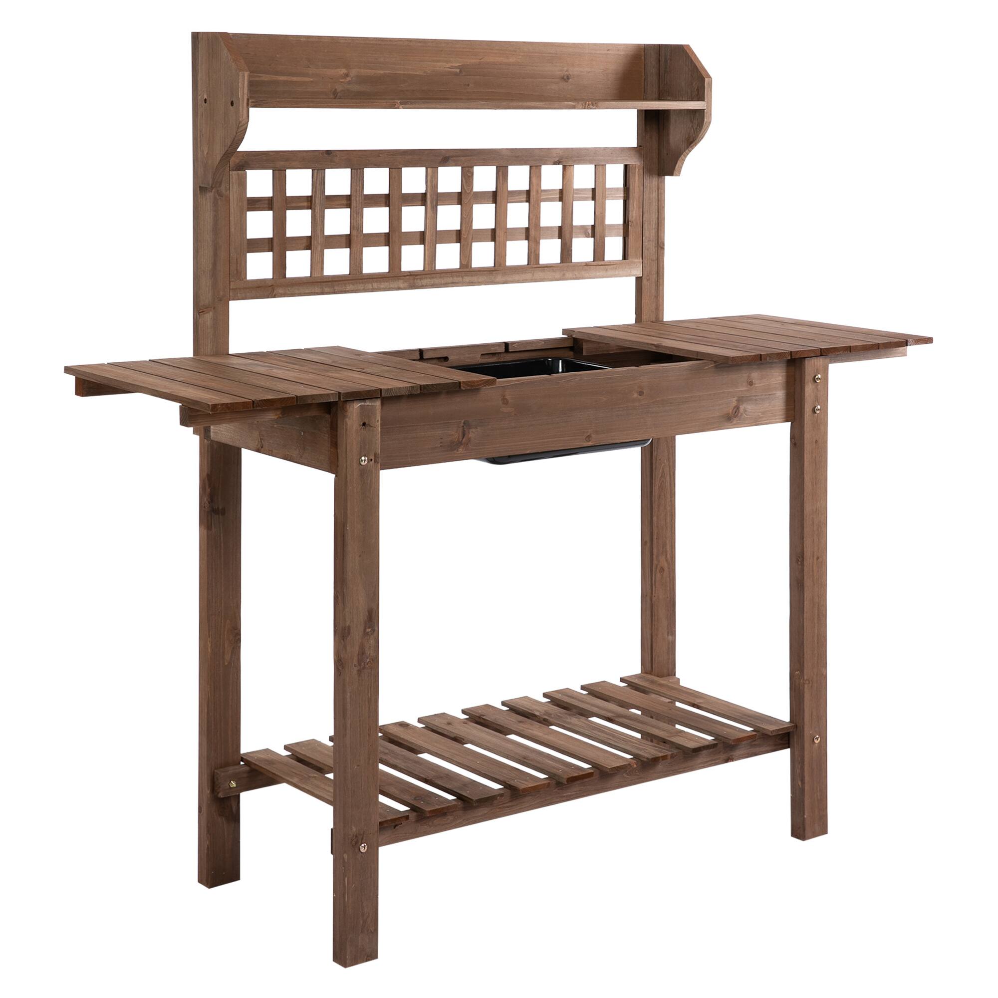 Front. Outsunny - Outdoor Potting Bench Table, Wooden Workstation with Sliding Tabletop, Storage Shelf and Dry Sink, for Greenhouse - Brown.