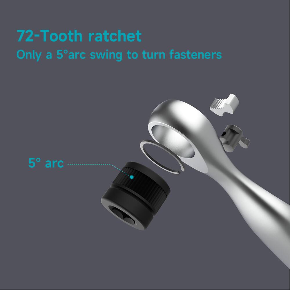 72-Tooth ratchet  
Only a 5° arc swing to turn fasteners  
5° arc