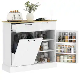 Homcom - Gallon Farmhouse Kitchen Cabinet with Hidden Trash Can and 2 Drawers - White