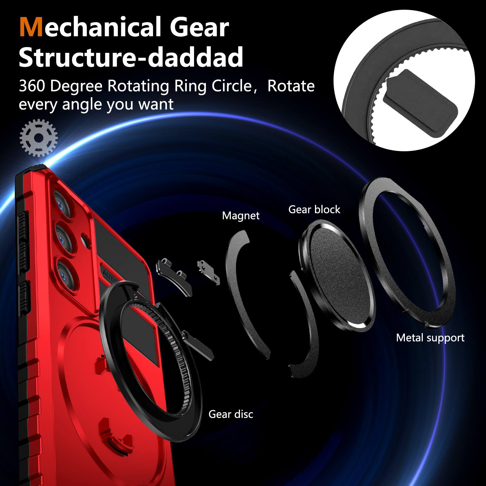 Mechanical Gear Structure-daddad  
360 Degree Rotating Ring Circle, Rotate every angle you want  

- Magnet  
- Gear block  
- Metal support  
- Gear disc