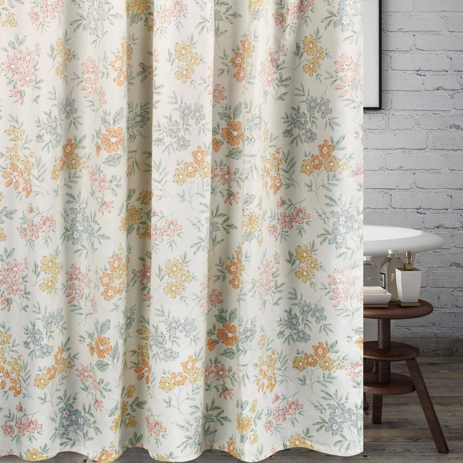 Angle. Greenland Home Fashions - Greenland Home Fashions Chloe Floral Print 12 Buttonholes Bath Shower Curtain 72" x 72" Pastel - Pastel.