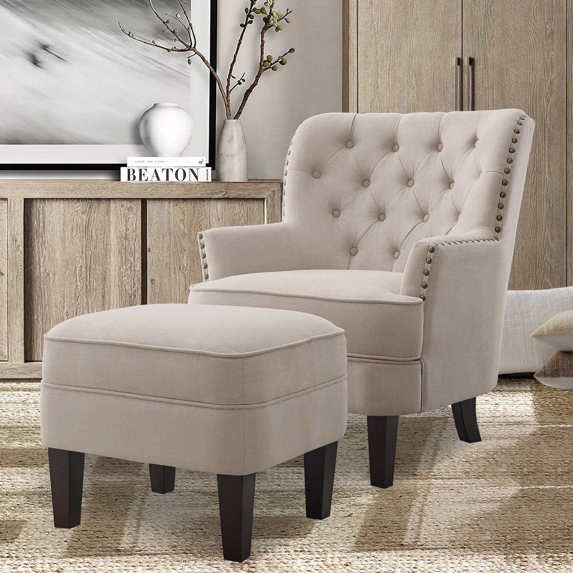Alt View 5. Boyel Living - Tufted Accent Chair with Ottoman and Solid Wood Legs - Beige.