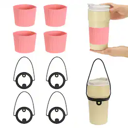 Unique Bargains - Silicone Cup Sleeve, 4pcs Coffee Sleeves with Black Handle Strap, Heat Resistant Reusable Nonslip for Coffee Tea Drinks - Pink