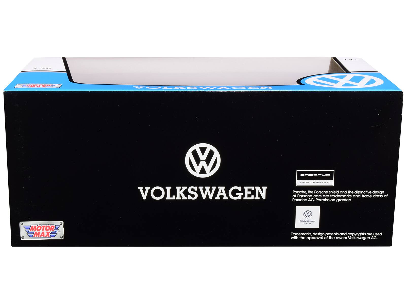 1:24  
MOTOR MAX  

VOLKSWAGEN  

VOLKSWAGEN  

PORSCHE  
OFFICIAL LICENSED PRODUCT  

Porsche, the Porsche shield and the distinctive design of Porsche cars are trademarks and trade dress of Porsche AG. Permission granted.  

Trademarks, design patents and copyrights are used with the approval of the owner Volkswagen AG.