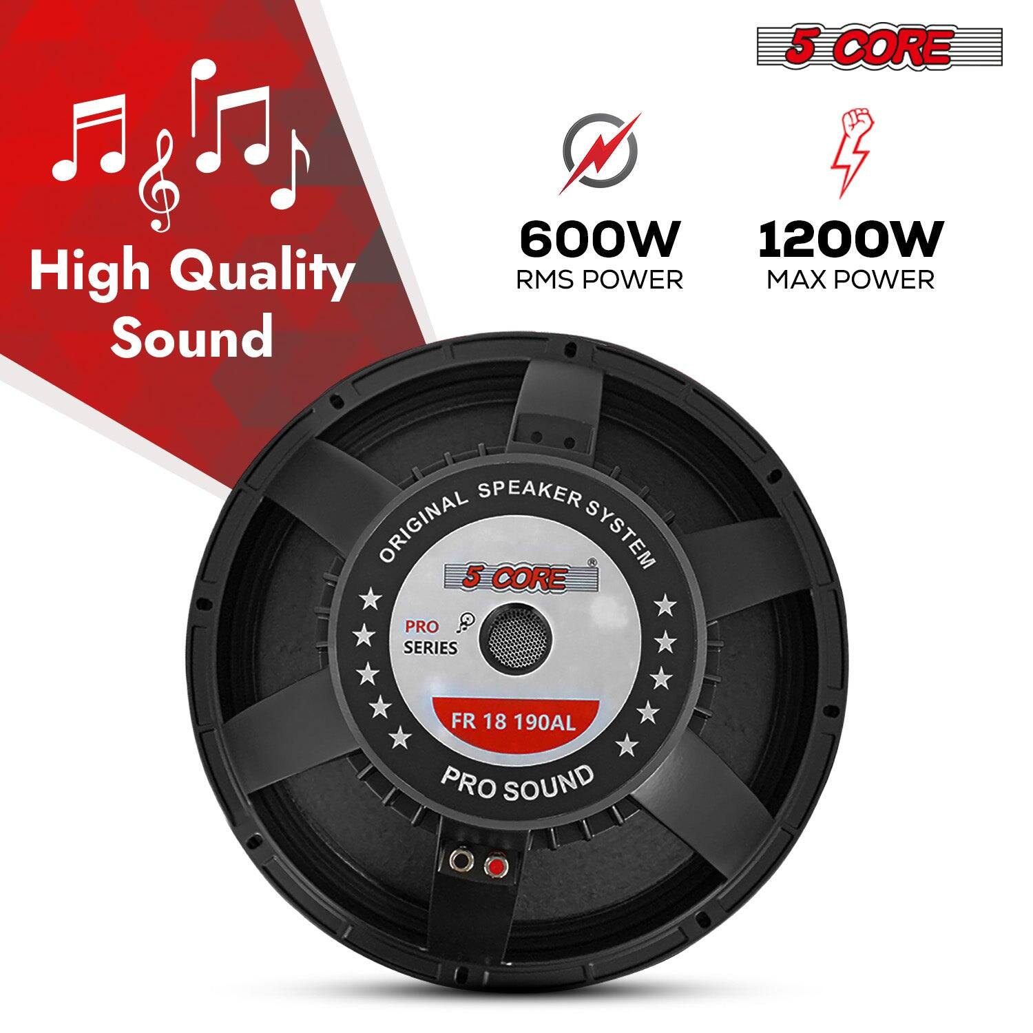 5 CORE, High Quality Sound, 600W RMS POWER, 1200W MAX POWER, SPEAKER ORIGINAL SYSTEM, 5 CORE PRO SERIES, FR 18 190AL, PRO SOUND