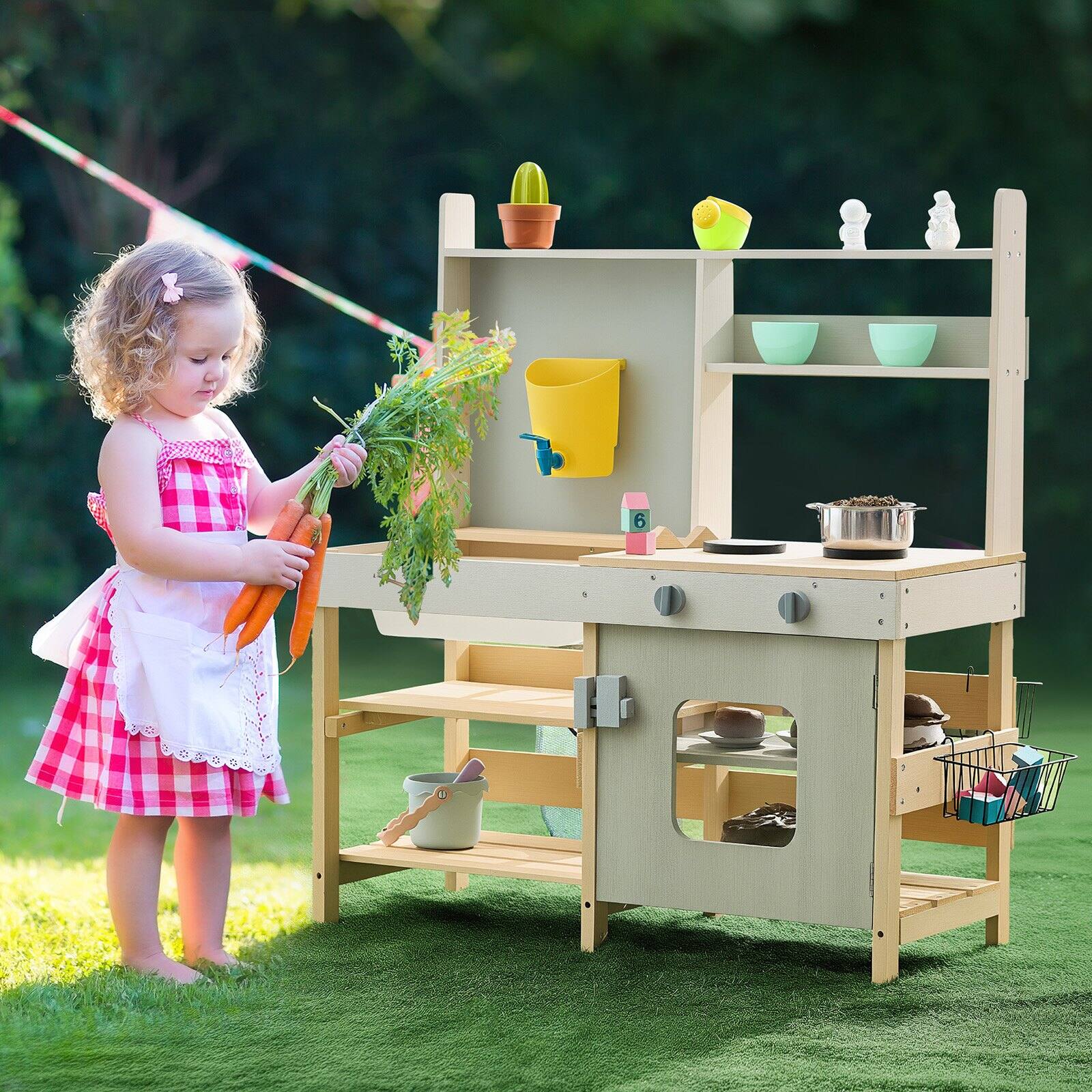 Alt View 1. Glintex - Wooden Mud Kitchen for Kids Outdoor Playset, Pretend Kitchen with Stove, Tank, Faucet, Storage Bag & Cookware Pots.