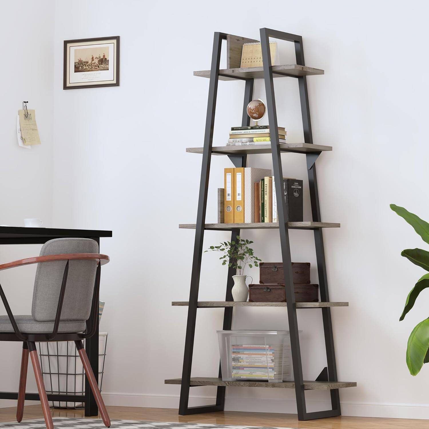 Alt View 2. GARVEE - 5-Tier Ladder Bookshelf Tall Rustic Bookcase w/ Open Display Shelves and Sturdy Metal Frame for Living Room,Home Office - LiGht Grey.