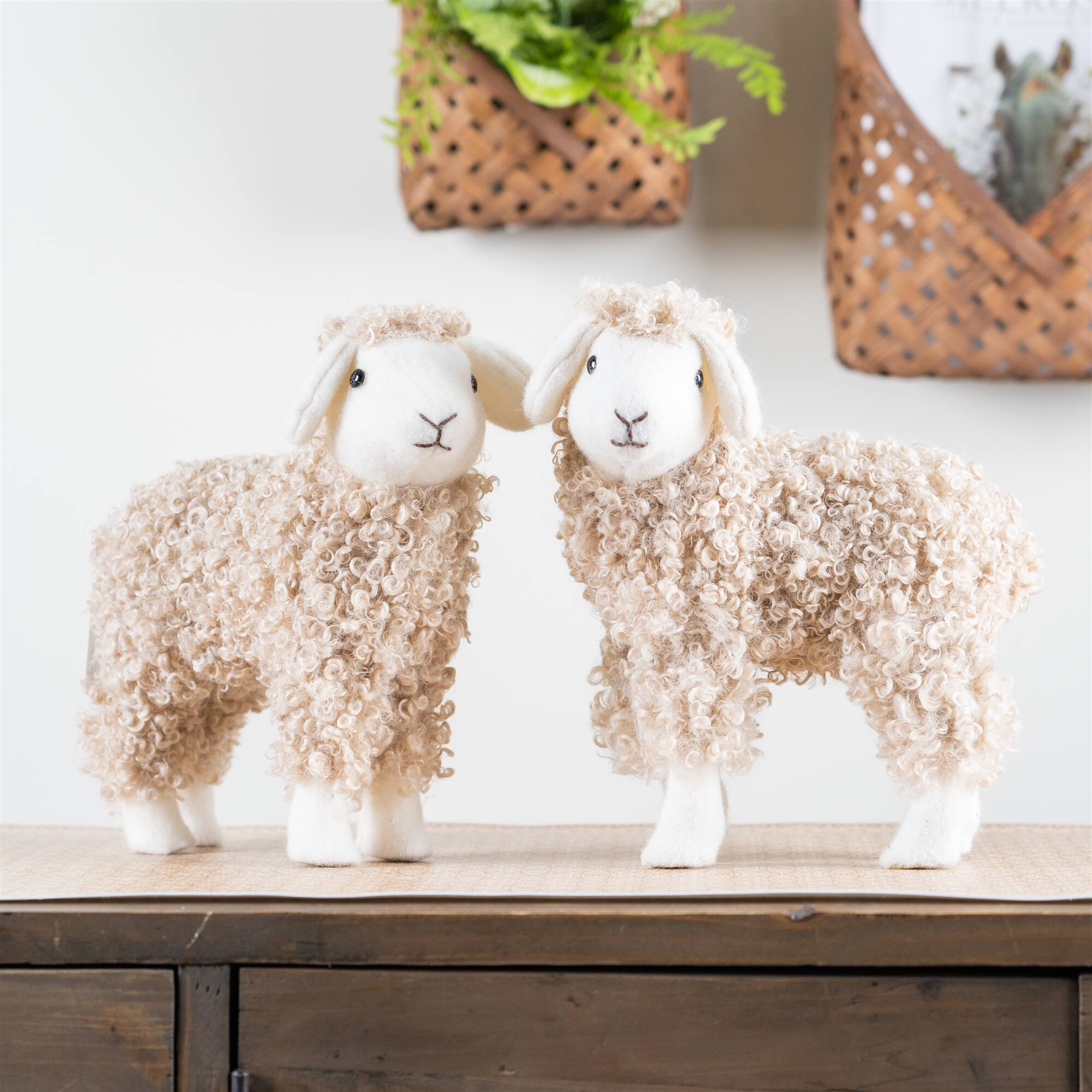 Angle. BreeBe - Standing Plush Sheep Decor with Curly Hair (Set of 2) - Beige.