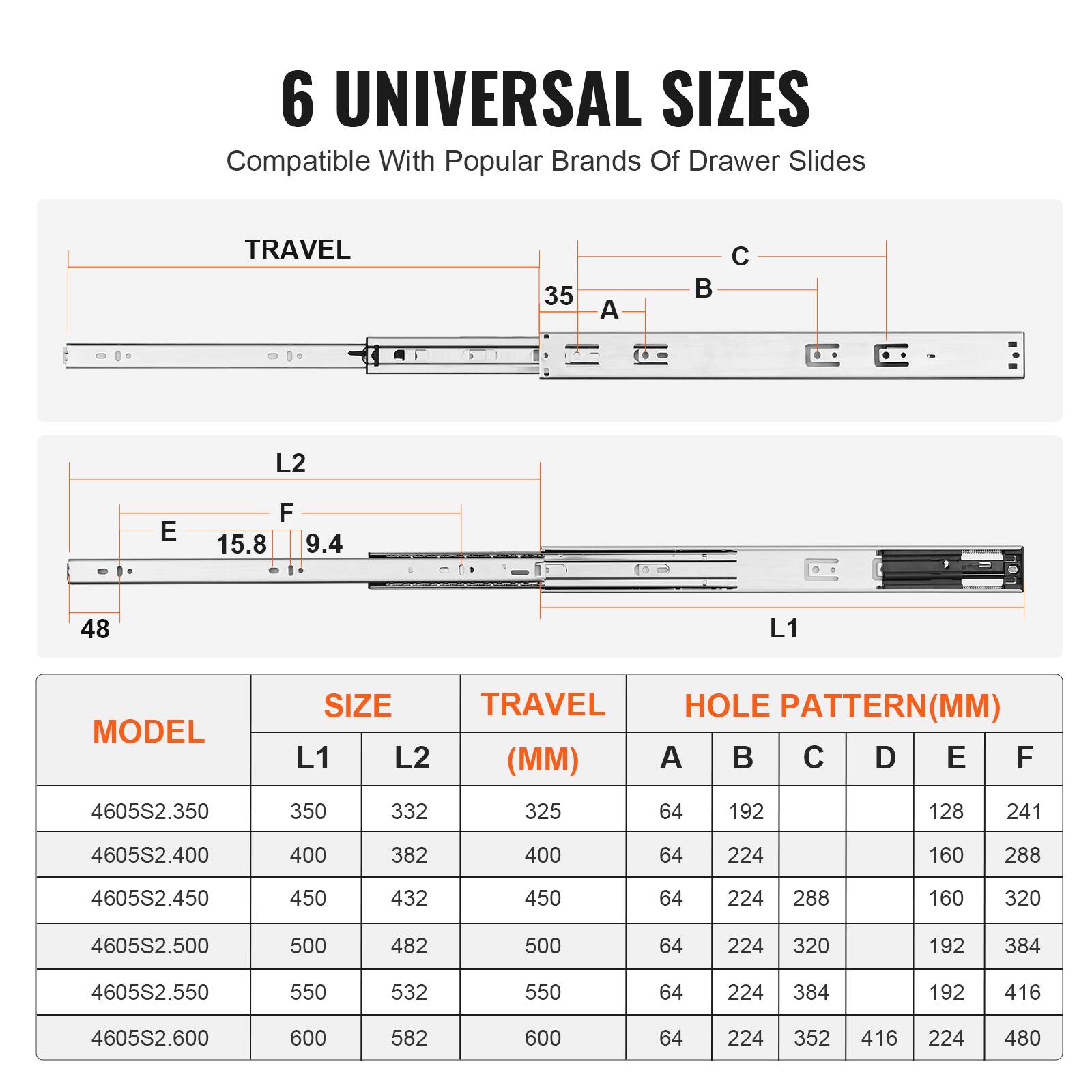 6 UNIVERSAL SIZES  
Compatible With Popular Brands Of Drawer Slides  

TRAVEL  
L1  
L2  

MODEL | SIZE (L1) | SIZE (L2) | TRAVEL (MM) | HOLE PATTERN (MM)  
--- | --- | --- | --- | ---  
4605S2.350 | 350 | 332 | 325 | A: 64, B: 192, C: 128, D: 241  
4605S2.400 | 400 | 382 | 400 | A: 64, B: 224, C: 160, D: 288  
4605S2.450 | 450 | 432 | 450 | A: 64, B: 224, C: 160, D: 320  
4605S2.500 | 500 | 482 | 500 | A: 64, B