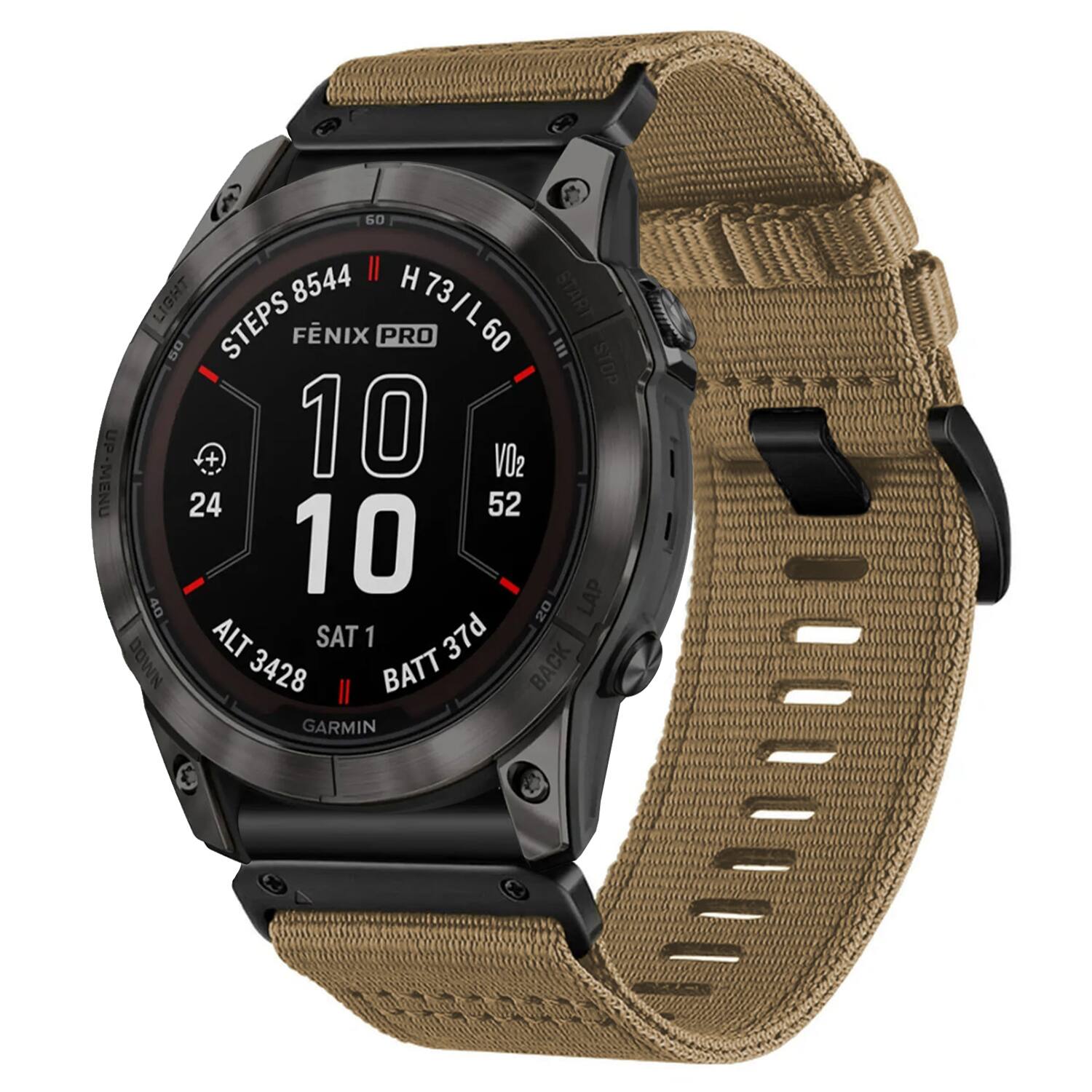 60 LIGHT  
8544 H73/L60  
START  
80 STEPS  
FÉNIX PRO  
E STOP  
UP +  
10 VO2  
MENU  
24  
52  
10  
40  
20  
LAP  
DOWN  
ALT 3428  
SAT 1  
37d  
BATT  
BACK  
GARMIN