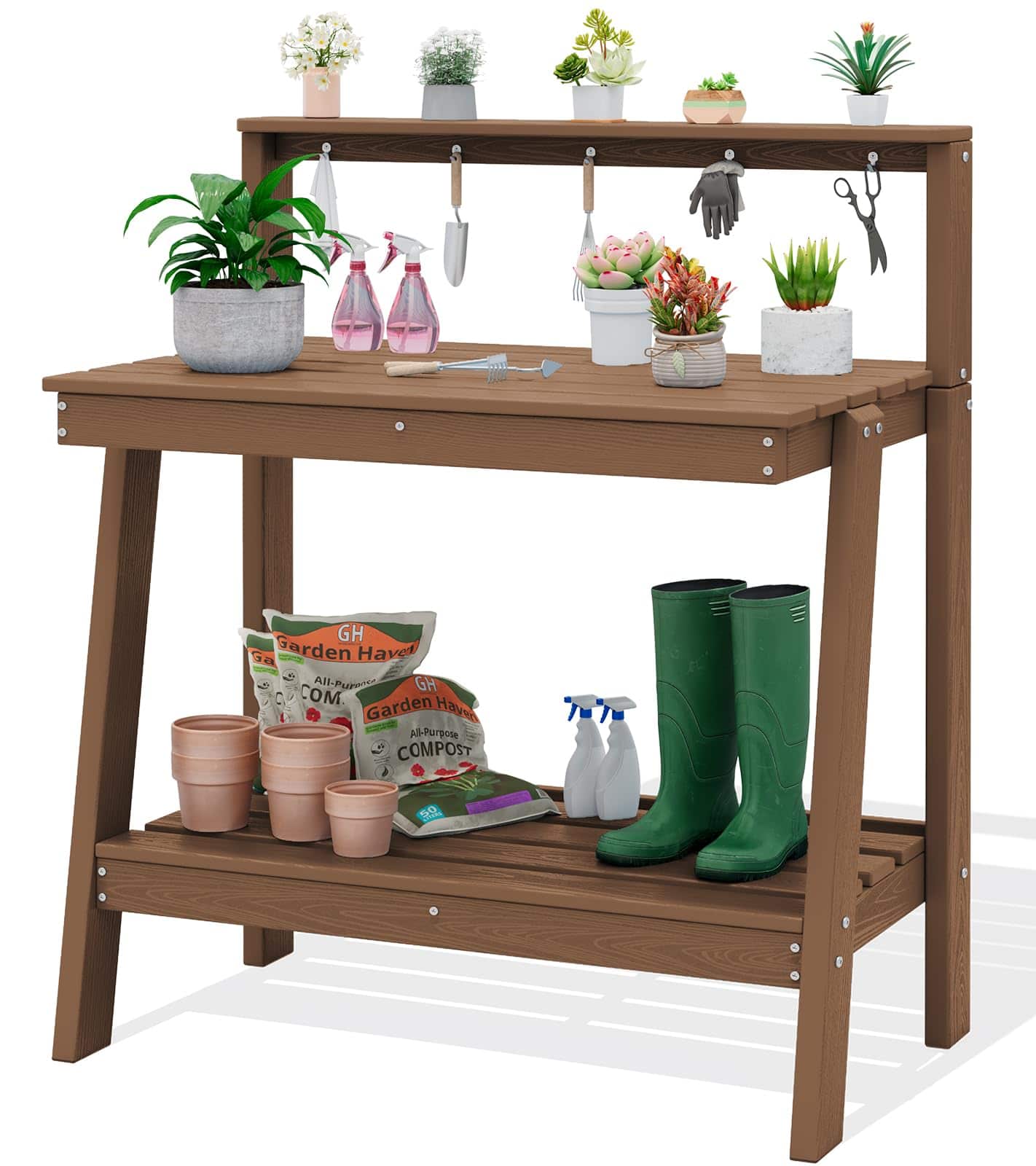 SERWALL - 3-Tier HDPE Potting Bench Outdoor with Storage, All-Weather Heavy Duty Gardening Table with Tool Hooks for Patio - Brown price history on PriceWatchPro