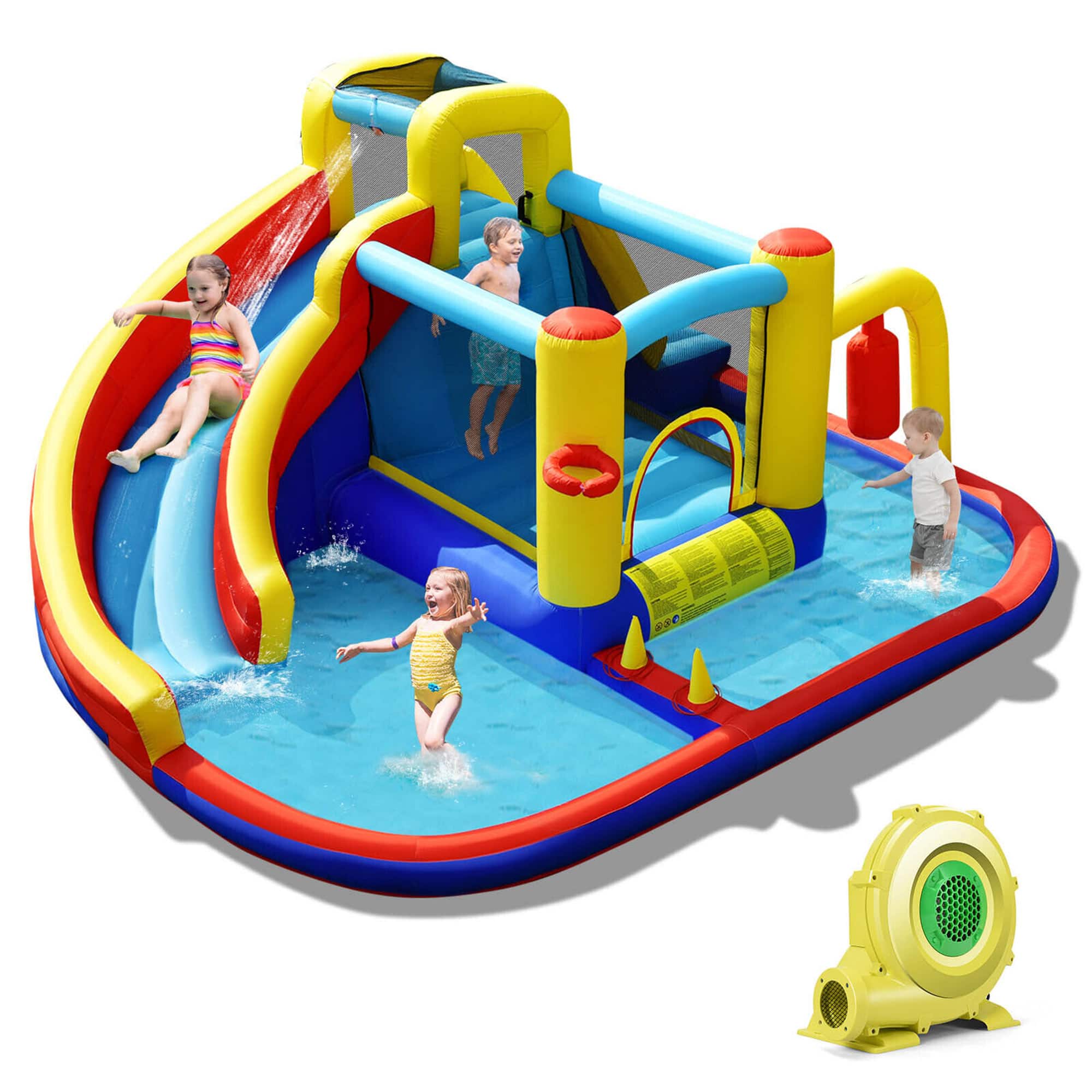 Gymax - 7-in-1 Inflatable Water Slide Water Park Kids Bounce Castle With 735W Air Blower - Multicolor