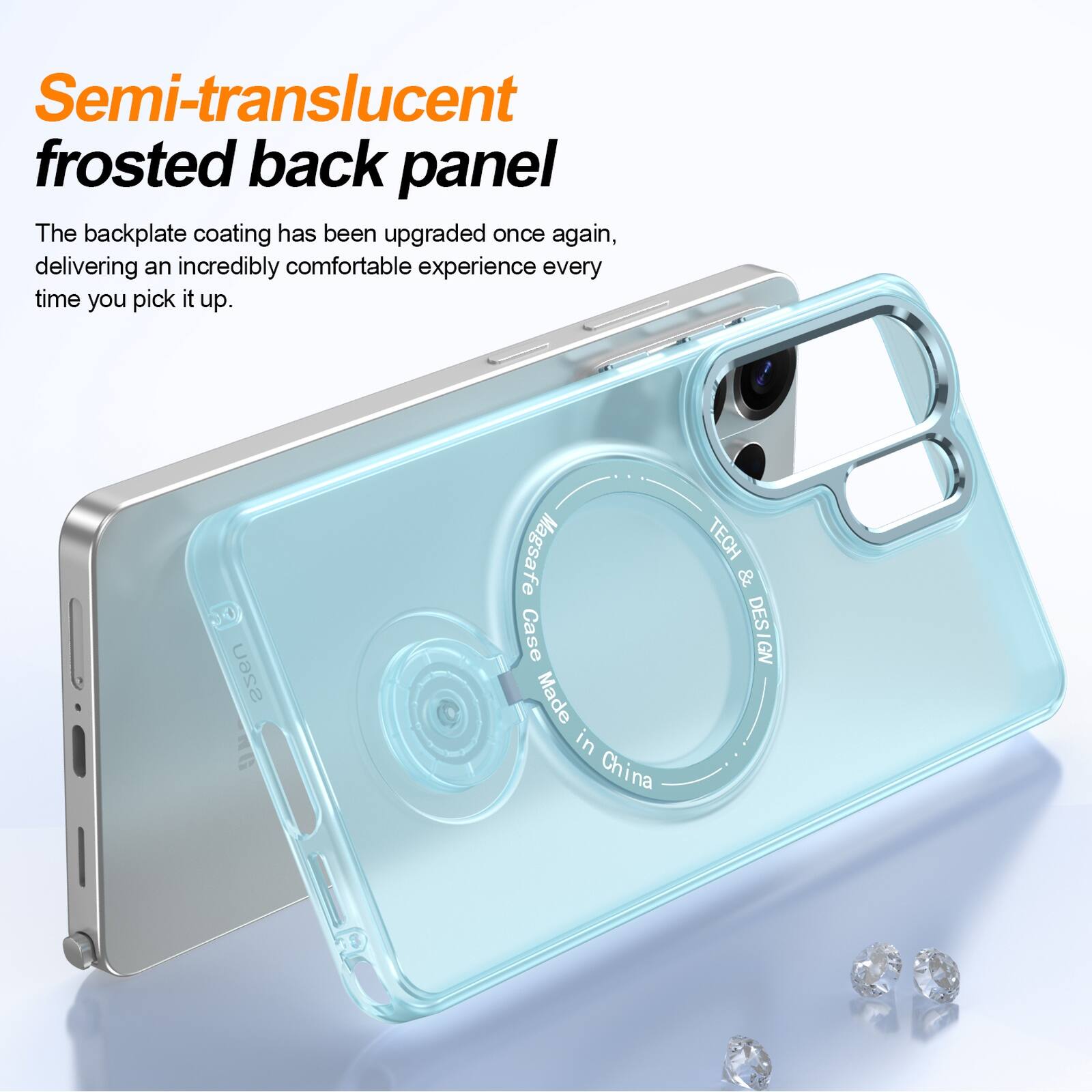 Semi-translucent frosted back panel  
The backplate coating has been upgraded once again, delivering an incredibly comfortable experience every time you pick it up.  

SSEU NG  
Magsafe Case Made in China  
TECH & DESIGN