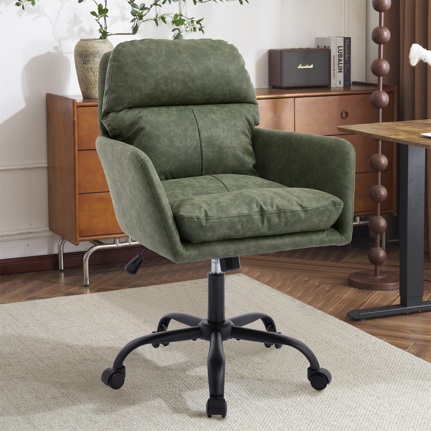 Forest'nSky - Artificial Leather Office Chair, Height-Adjustable with Black Base for Home & Office - Green