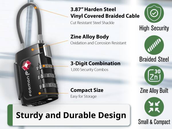 3.87" Harden Steel Vinyl Covered Braided Cable Cut Resistant Steel Shackle High Security
Zine Alloy Body Oxidation and Corrosion Resistant
3-Digit Combination 1,000 Security Combos
Compact Size Easy for Storage
Sturdy and Durable Design
Braided Steel 30 Zn Zine Alloy Built Small & Compact