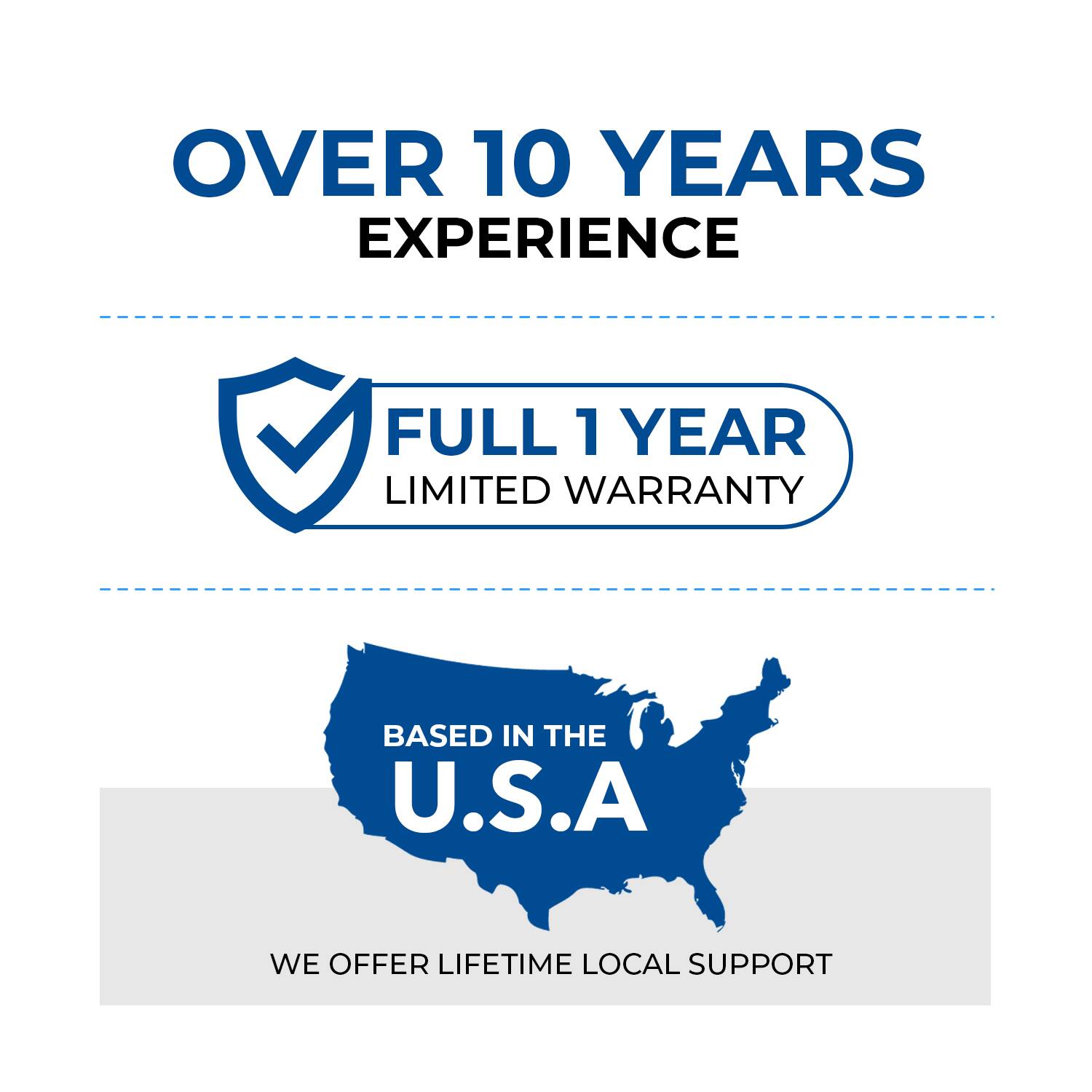 OVER 10 YEARS EXPERIENCE
FULL 1 YEAR LIMITED WARRANTY
BASED IN THE U.S.A
WE OFFER LIFETIME LOCAL SUPPORT