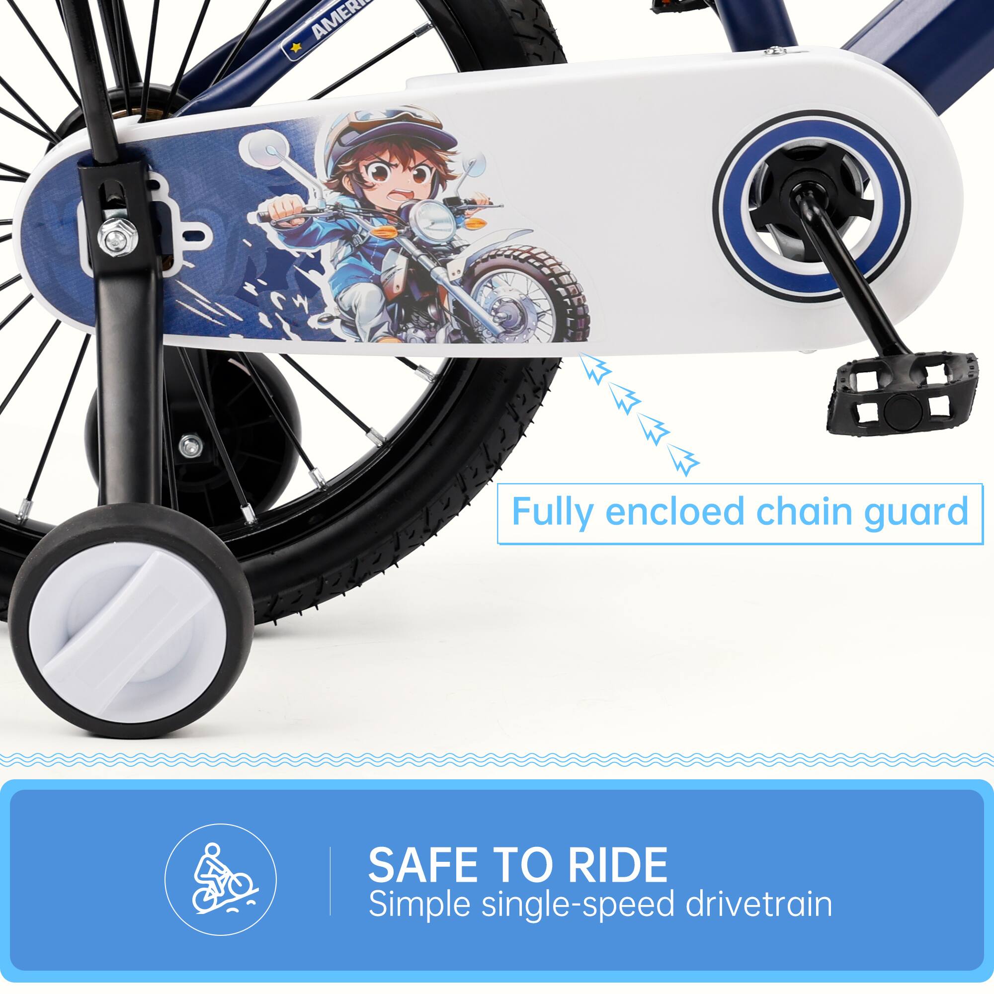Fully enclosed chain guard

SAFE TO RIDE
Simple single-speed drivetrain