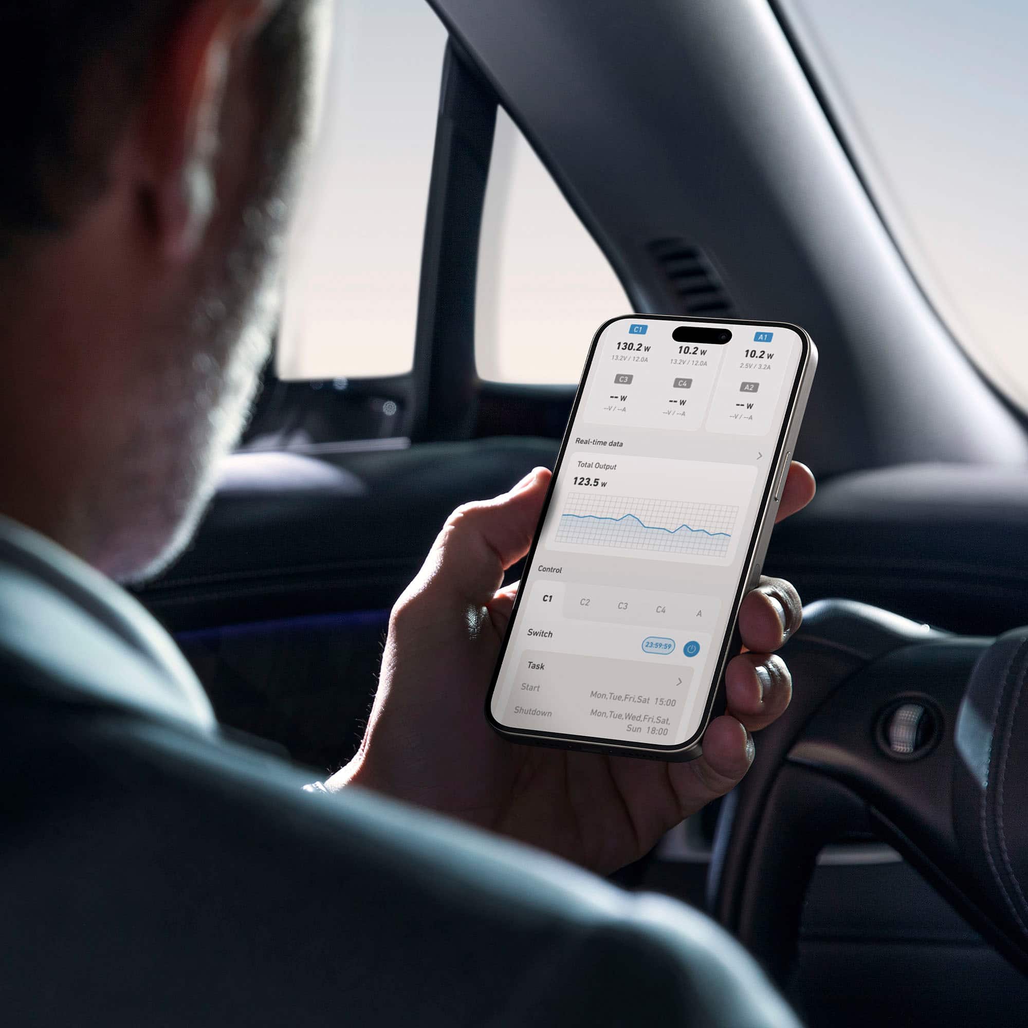 The text on the image reads: "E 130.2 . 10.2% - 19/1mm 2E207 M 2a . Fe - - - R A1 10.2w - VEA 120 ar - Aual - - Total tt 123.5 . 3 Central C C2 Ca 4 Switch Task ar Shutdown 3 Mon Foe Twe.FriSar 19:00 Mon Tue Wed.Fri.Sat un 18:00."
This text appears to be a combination of various measurements, percentages, and time-related information. It is not possible to group or correct this text without more context or understanding of the specific data being presented.