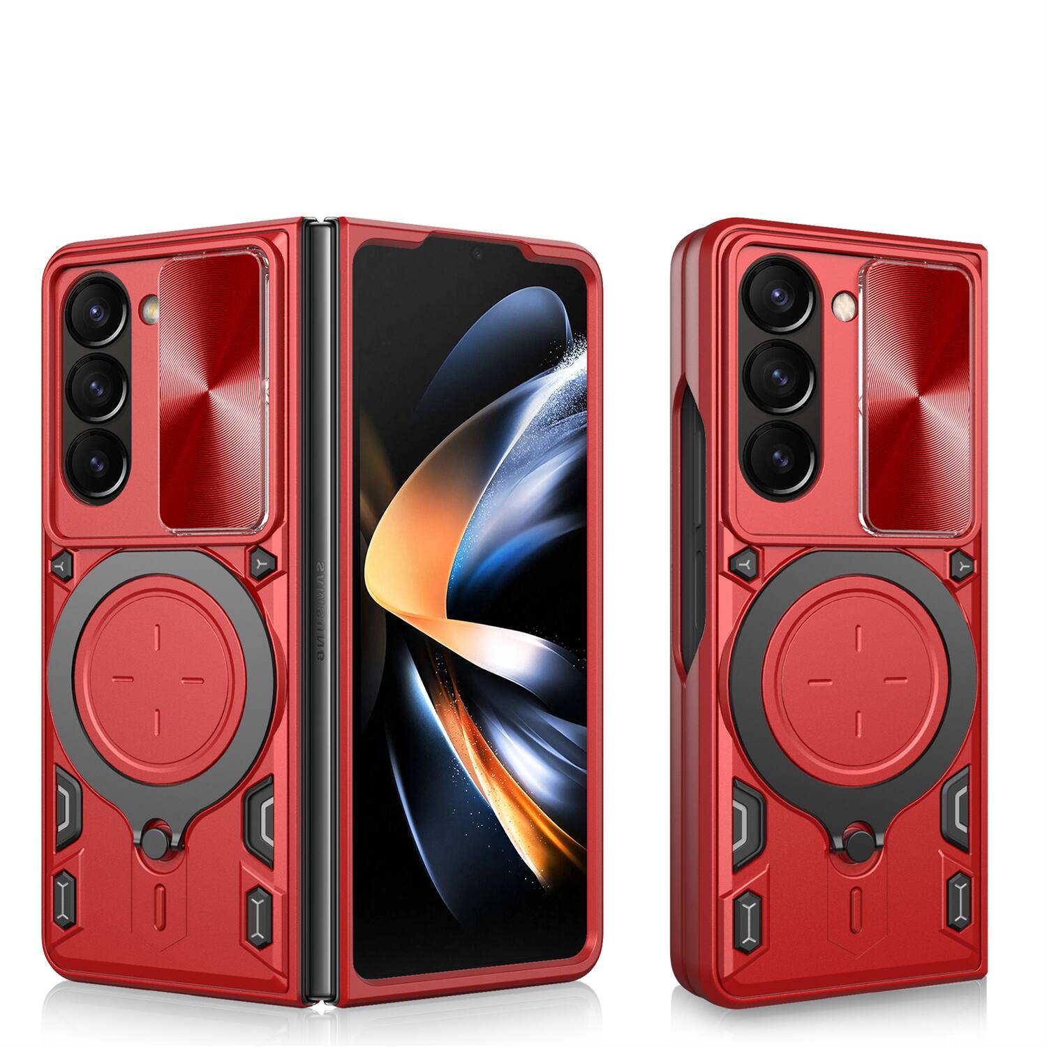 Front. Dteck - Slide Lens Ring Kickstand Case for Samsung Galaxy Z Fold8 Ultra, Shockproof Hard PC+TPU Rugged Cover - Red.