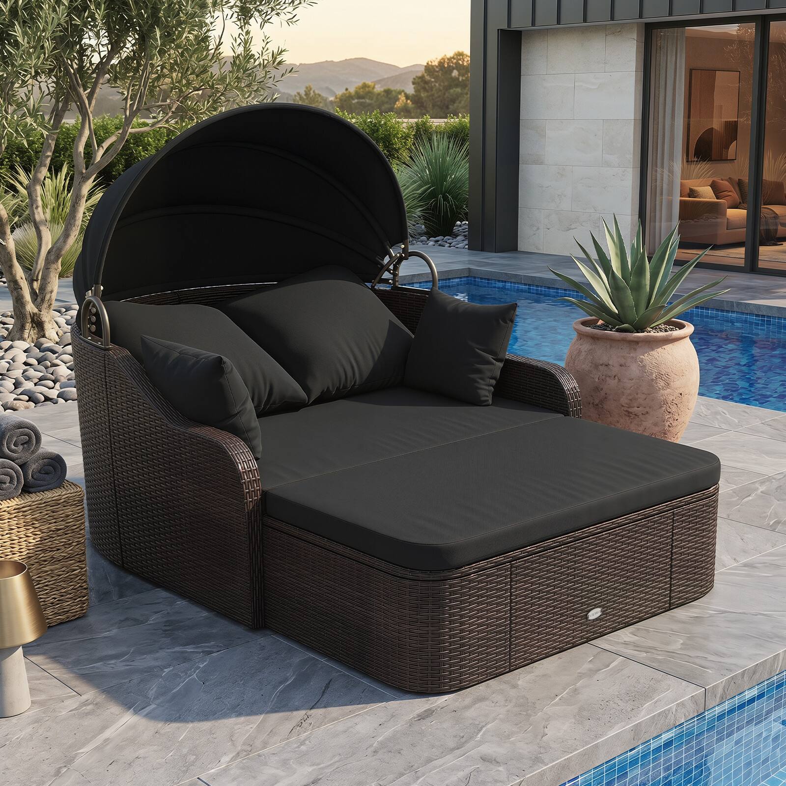 Alt View 2. Costway - Costway Patio PE Rattan Daybed with Retractable Canopy, Soft Cushions and Extra Pillows - Mix Brown & Black.