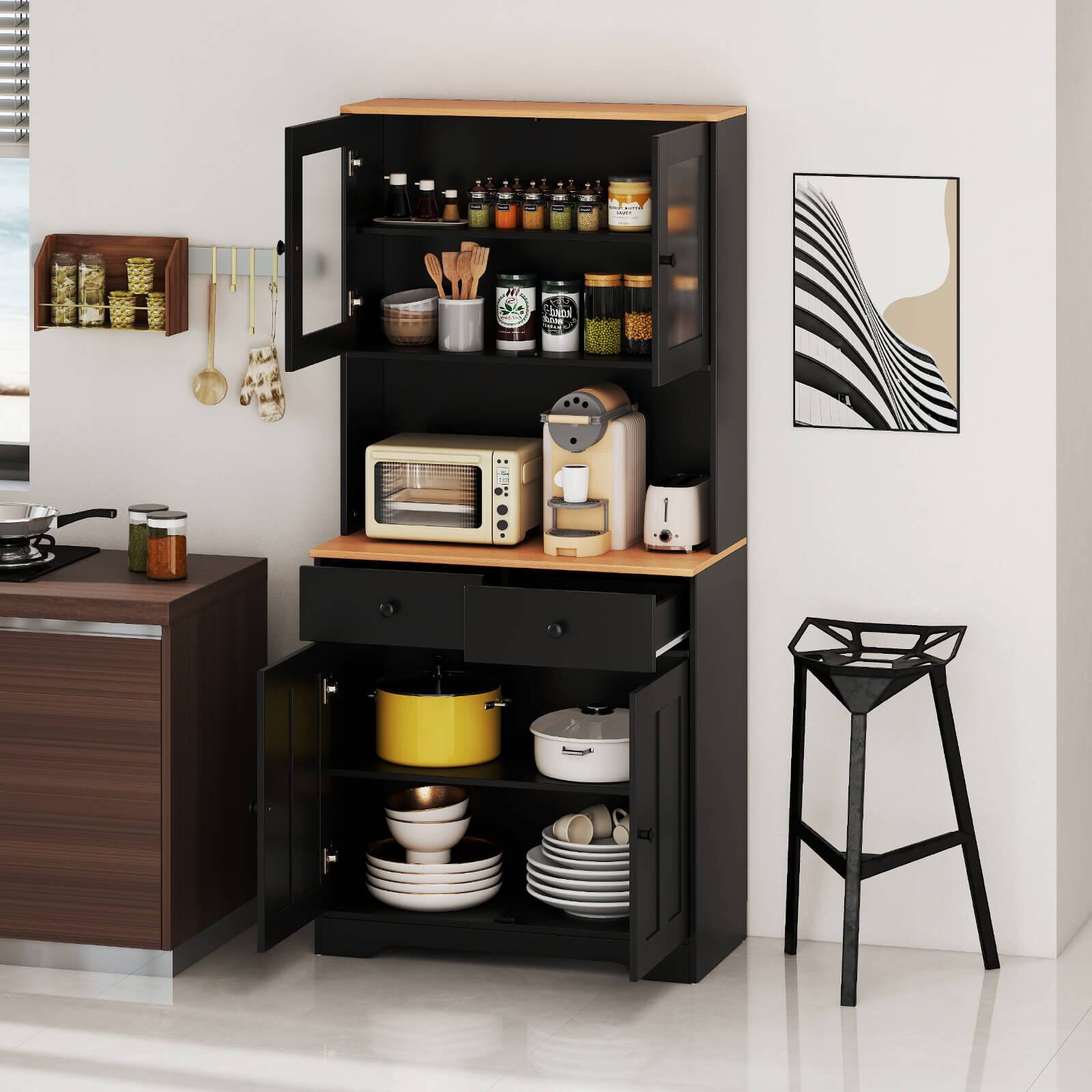 Alt View 1. Costway - Costway Pantry Cabinet 67" Tall Kitchen Floor Cabinet with 2 Removable Shelves 2 Drawers - Black.