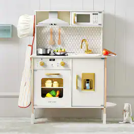 Tiny Land - Kids Wooden Play Kitchen Set, Pretend Cooking Toy with Lights & Sounds, Adjustable Height, Accessories, Ages 3–7 - White
